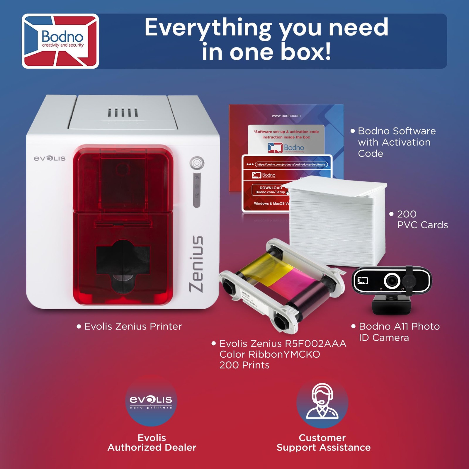 Bodno Evolis Zenius Single Sided ID Card Printer Complete Supplies Package Bronz