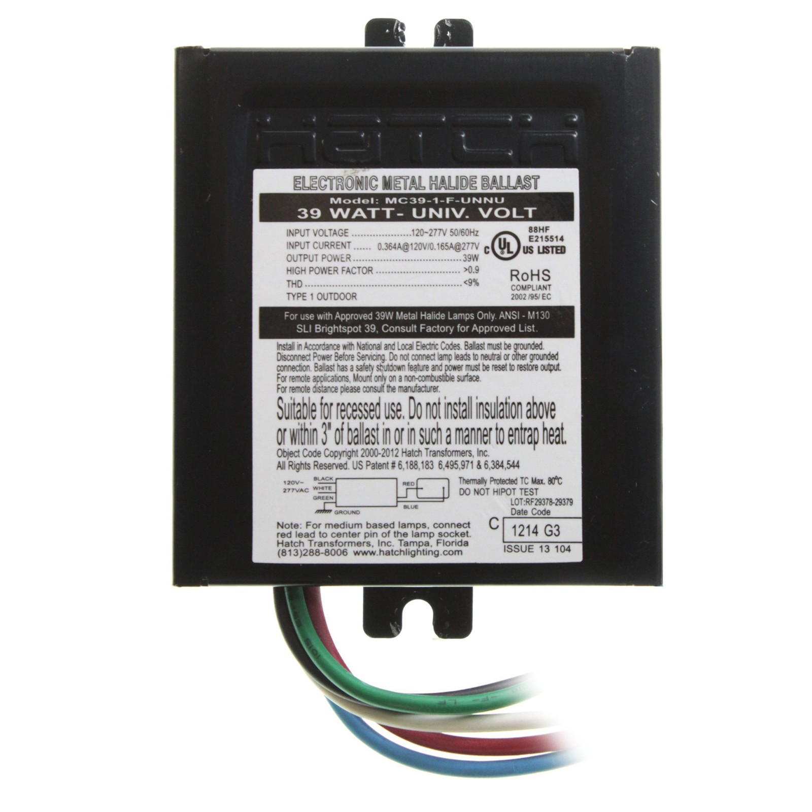 Hatch MC391FUNNU Electronic Metal Halide Ballast, 39Watt MH, 120/277V