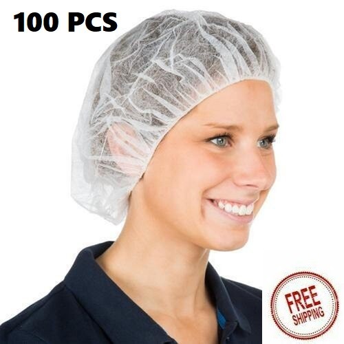 100 Disposable 18″ Non-Woven Strip Mob Caps(White) Net Bouffant Head Covers