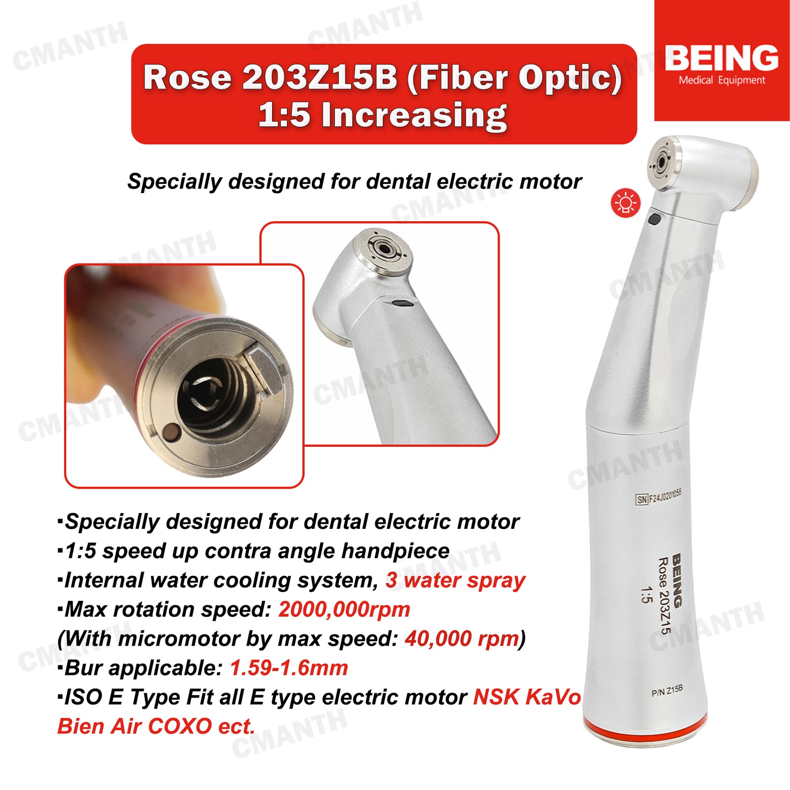 BEING Dental Low Speed Handpiece Contra Angle1:1 20:1Fiber Optic2/4/6H Air Motor