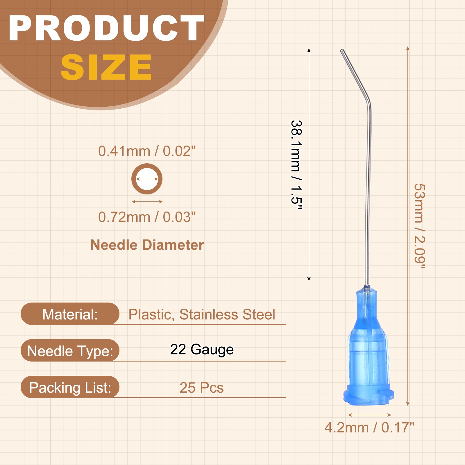 25Pcs 1.5Inch 22Ga 45° Angled Dispensing Needles, Blue