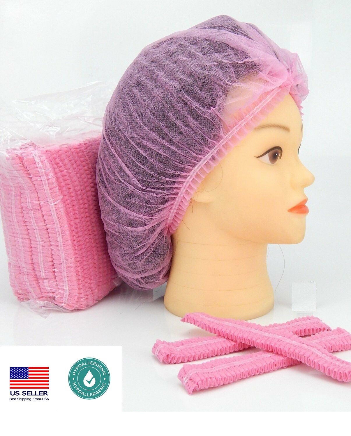 100 Disposable 18″ Non-Woven Strip Mob Caps (Pink) Net Bouffant Head Covers