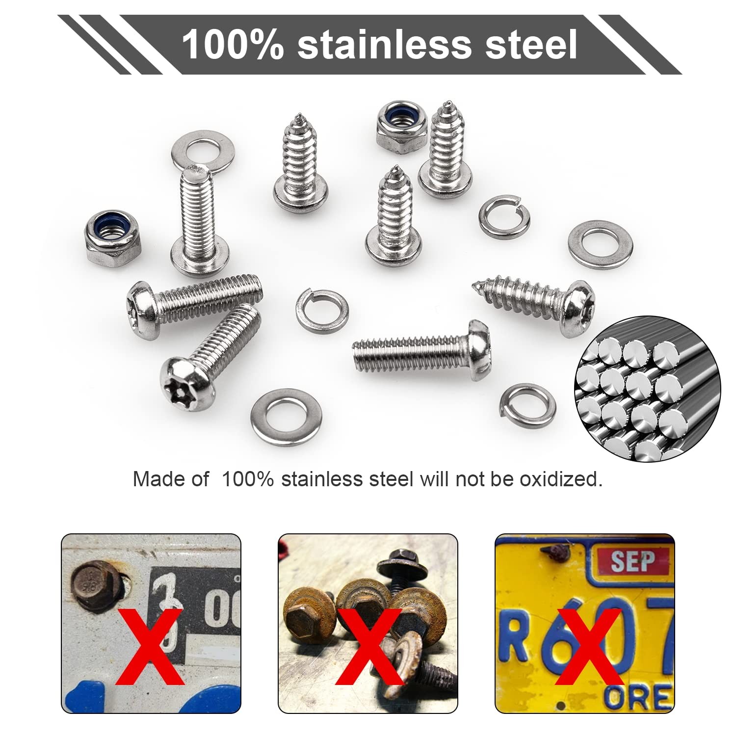 License Plate Screws Kits, Stainless Steel Anti Theft Mounting M6, Silver