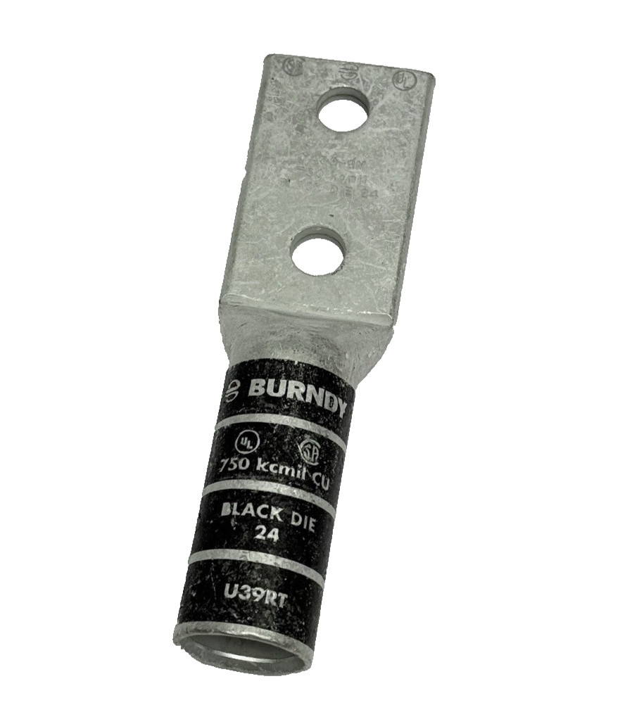 Burndy YA39-2N Copper 2-Hole Long Barrel Compression Lug 750 KCMIL, Black Die