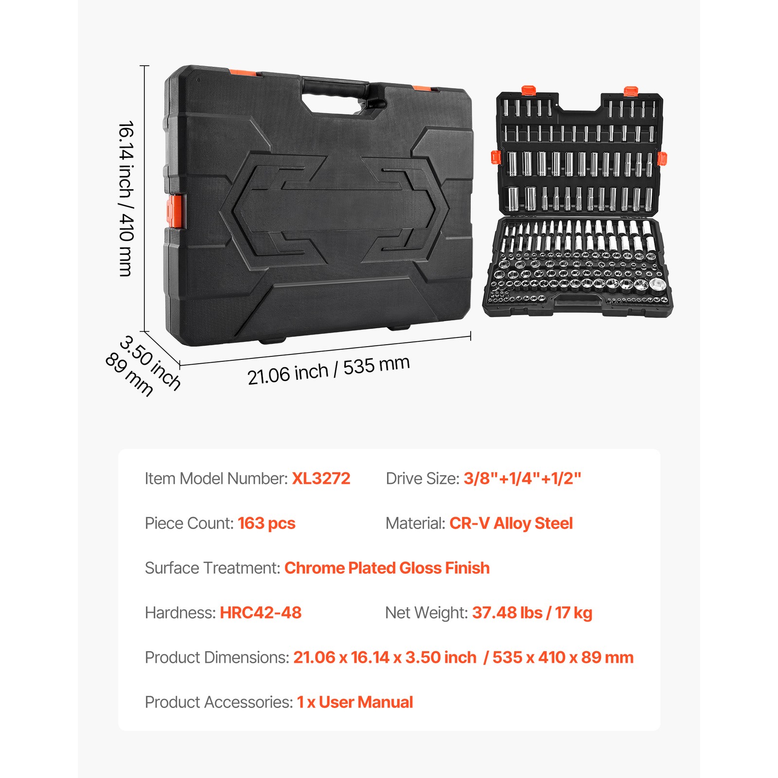 Uimoso 163-Piece Socket Tool Set for Auto Repair, 3 Drive Sizes Included