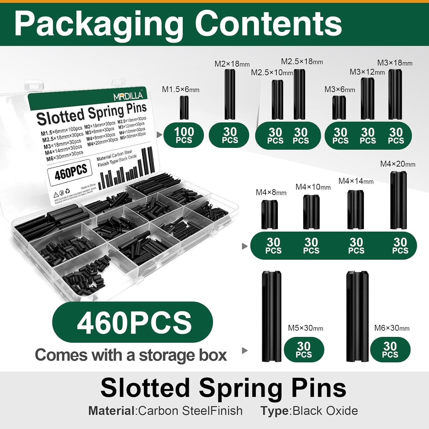 460pc Roll Pin Assortment – Metric Slotted Spring Pins M1.5-M6 Assort Kit Steel