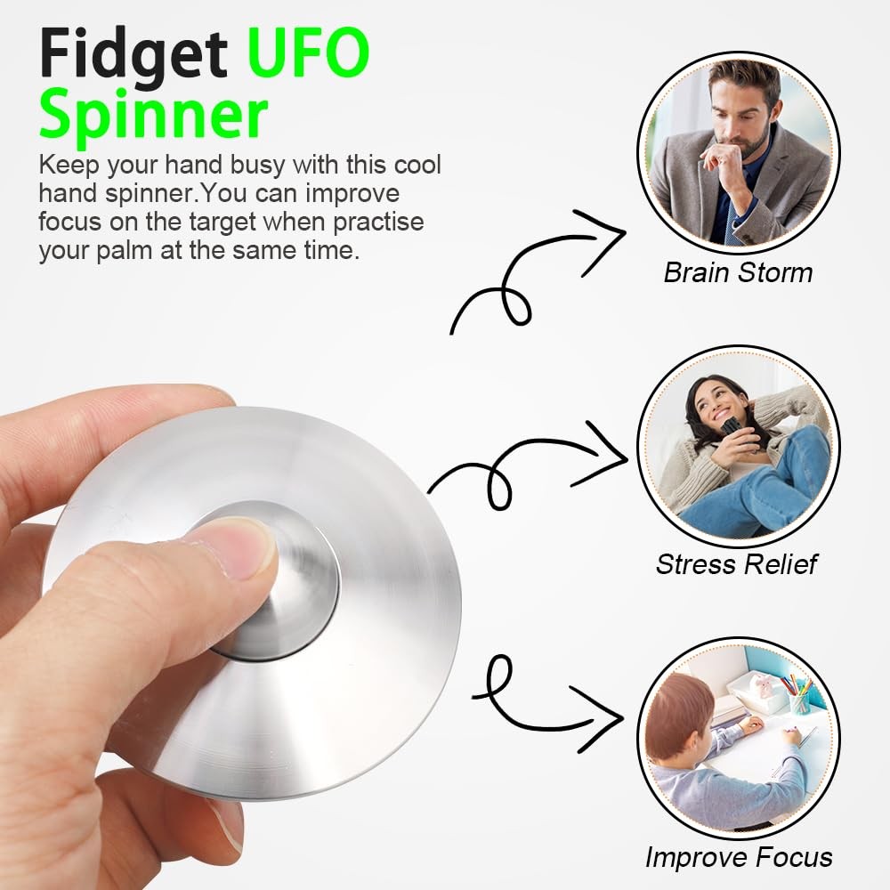 UFO Fidget Spinner Toy for Kids Adults, Alloy Metal 0.5 inches, Silver