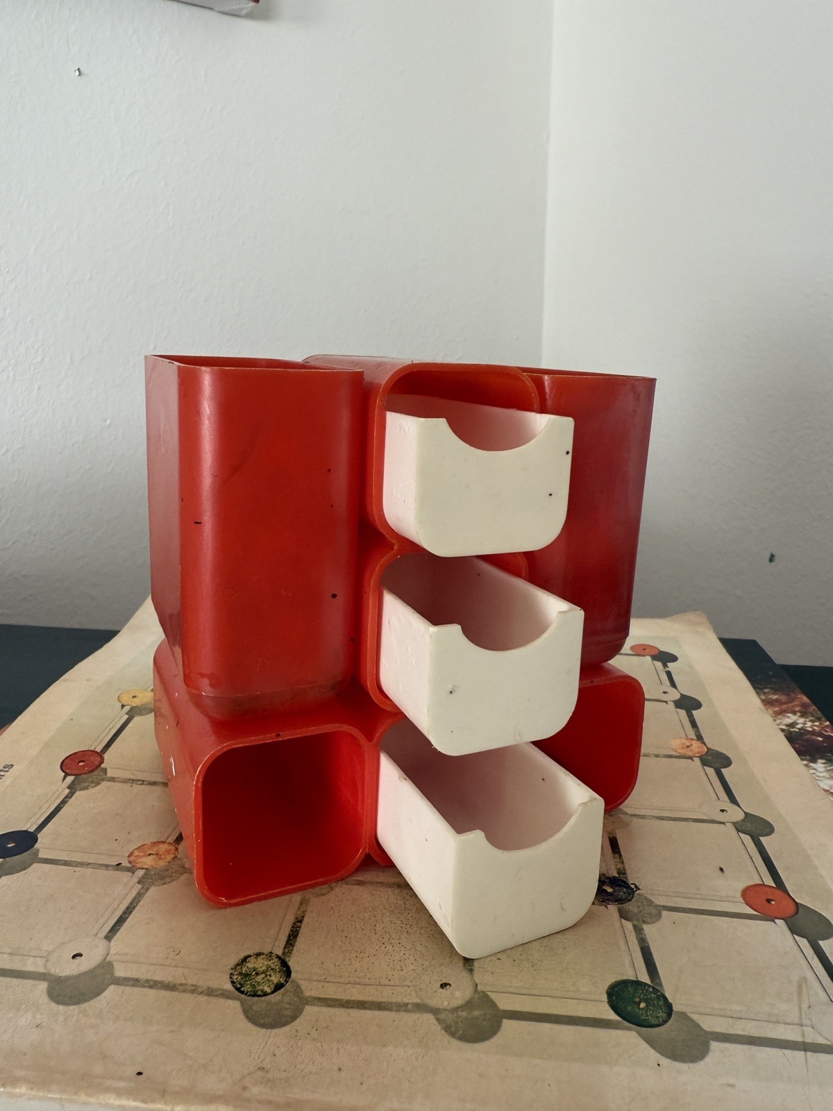 1970s Atomic HOF Red Drawer Desk Organizer, Made in Hong Kong, Set of 2, AS IS