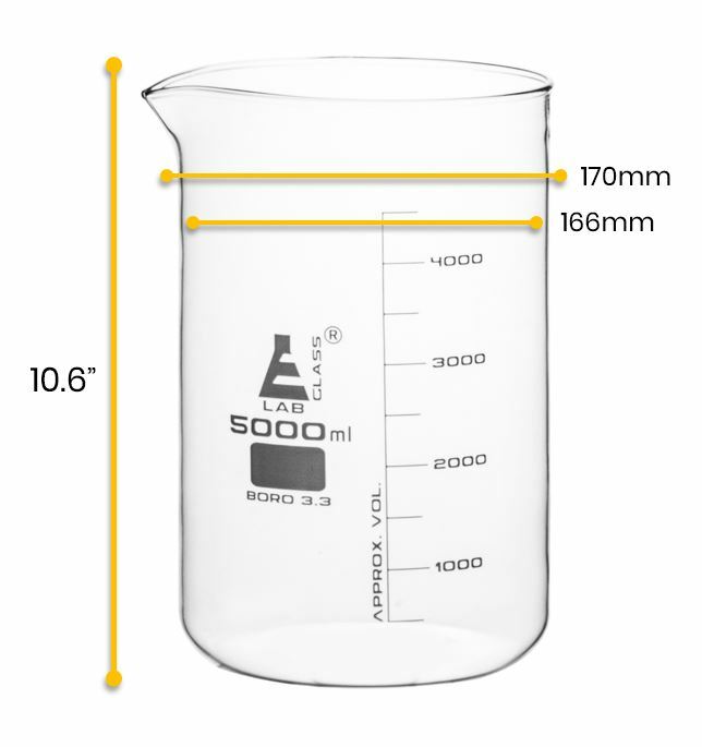Eisco Labs 5000ml Beaker – Low Form – White Graduations – Borosilicate Glass