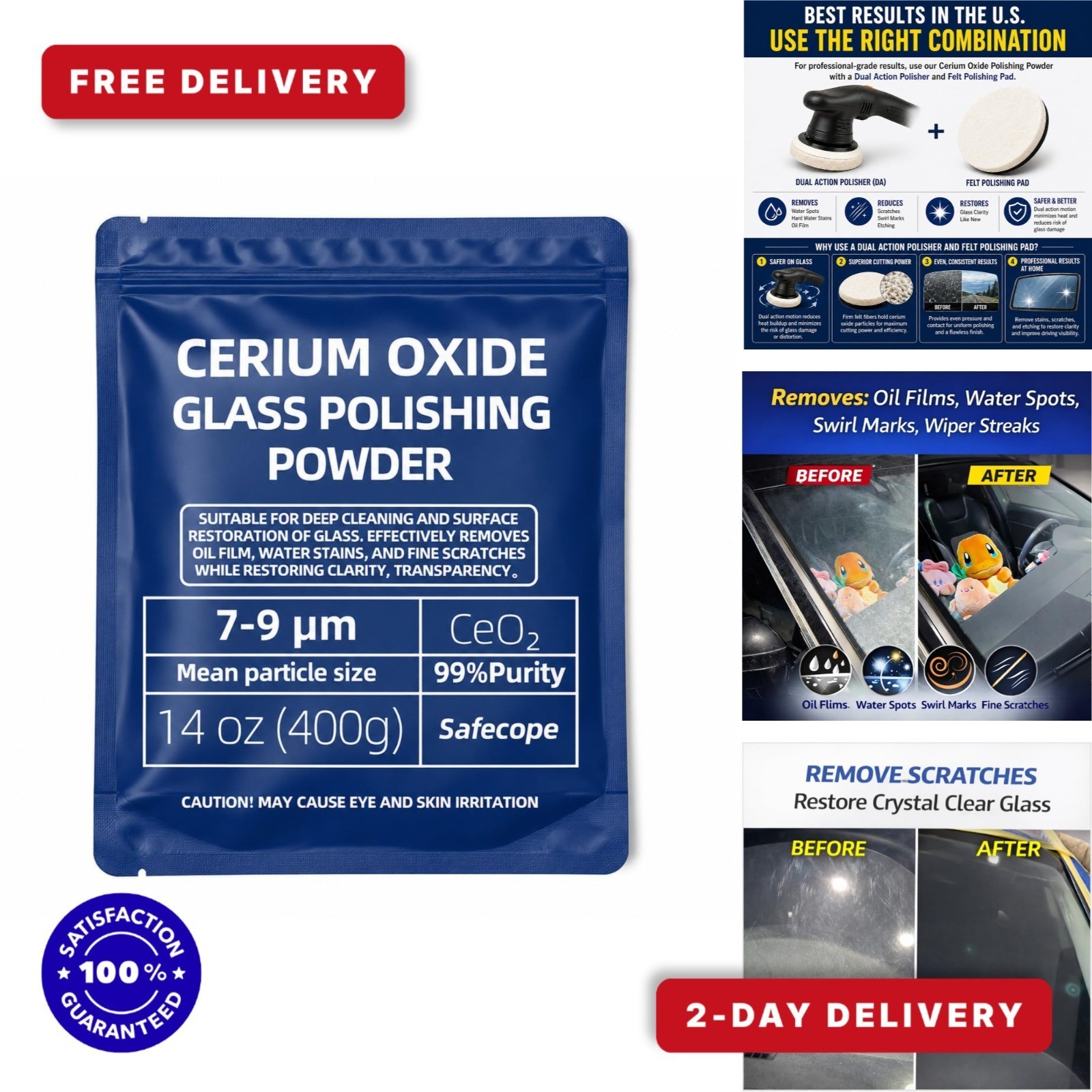 14 oz Cerium Oxide Glass Polishing Powder – Removes Scratches & Water Spots