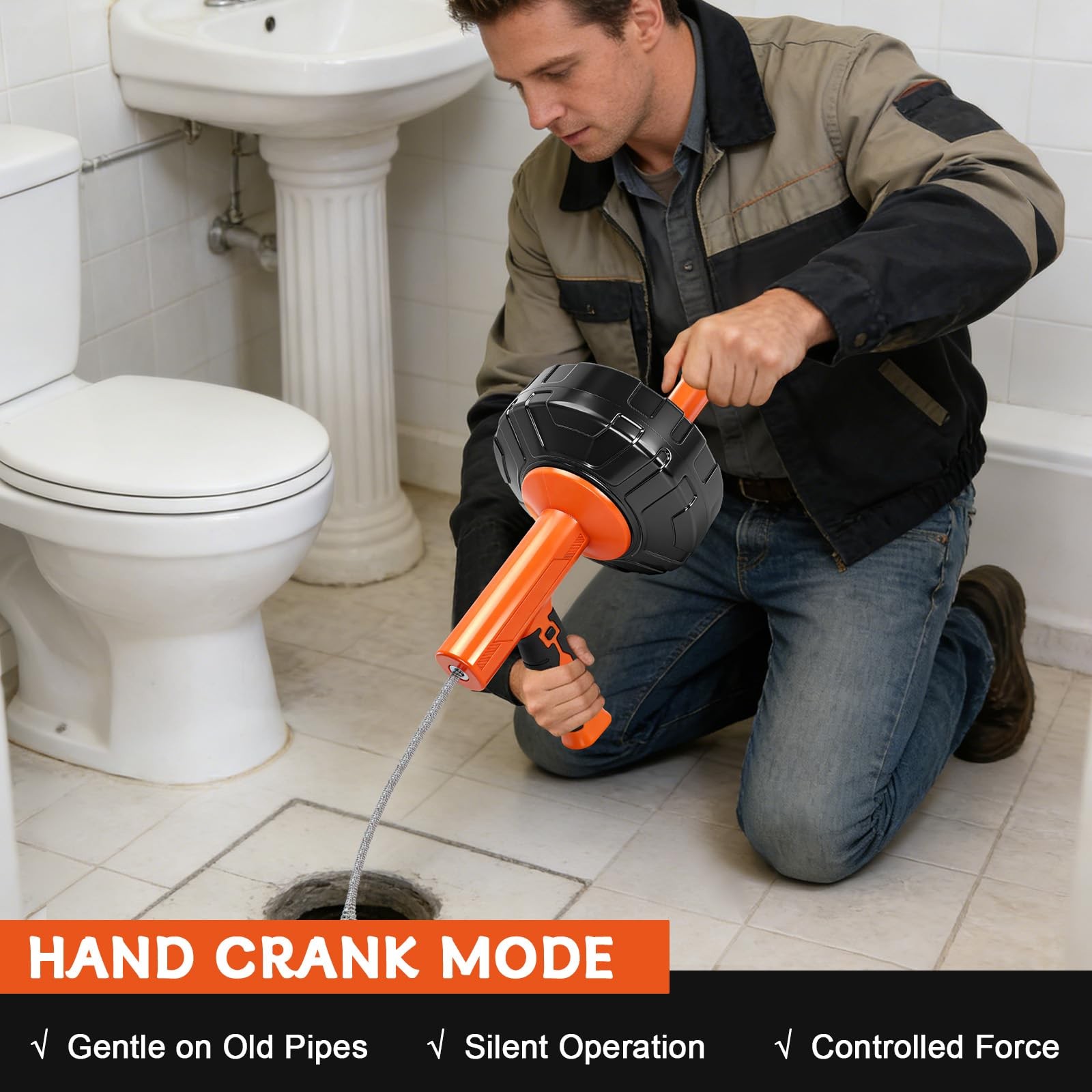 45 FT Drain Snake Tools, Manual Or Powered Double Mode Auto Retract Drain Dra…