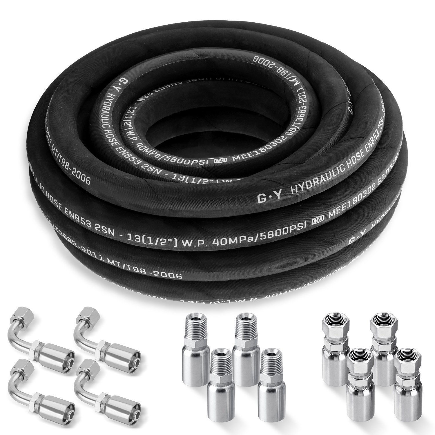 1/2″ 25′ HYDRAULIC HOSE TWO WIRE HOSE FLEXIBLE 40MPa / 5800 PSI WITH 12 FITTINGS