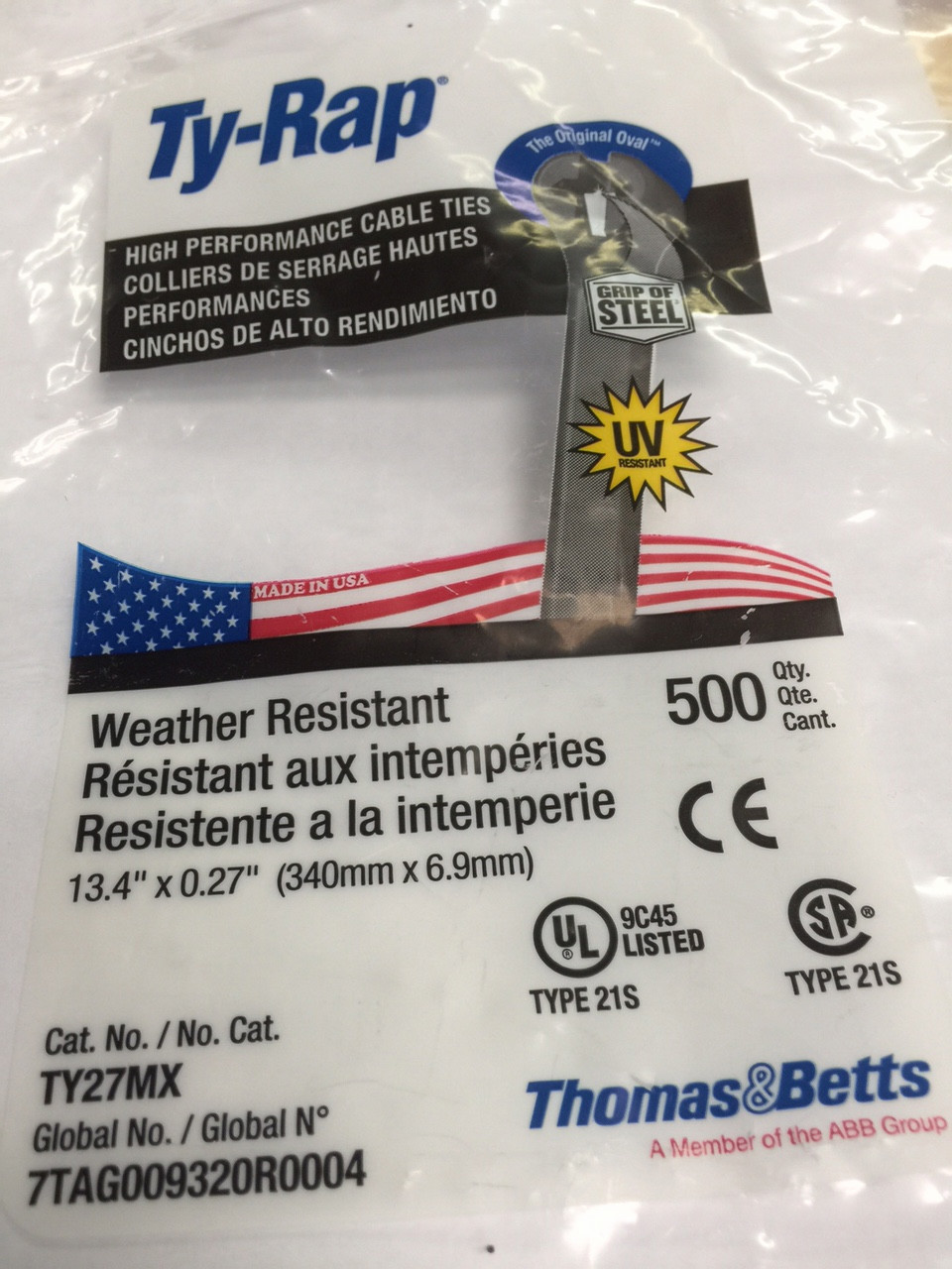 Thomas & Betts TY-RAP TY27MX 500/BAG 120lb 13″ UV Black Nylon