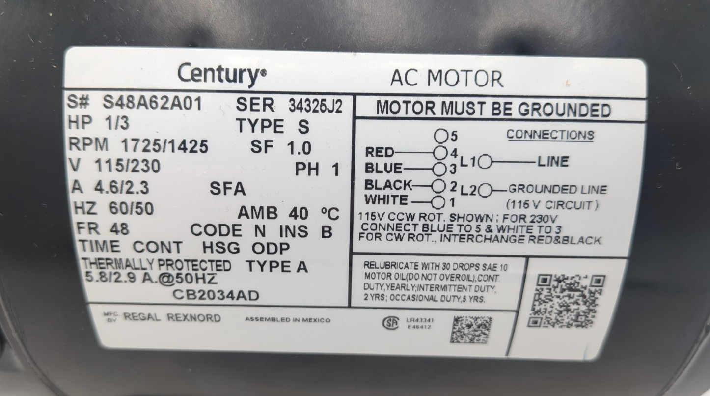 Century CB2034AD Carbonator Pump Motor 1/3HP 115/230V 1725/1425 RPM CW/CCW