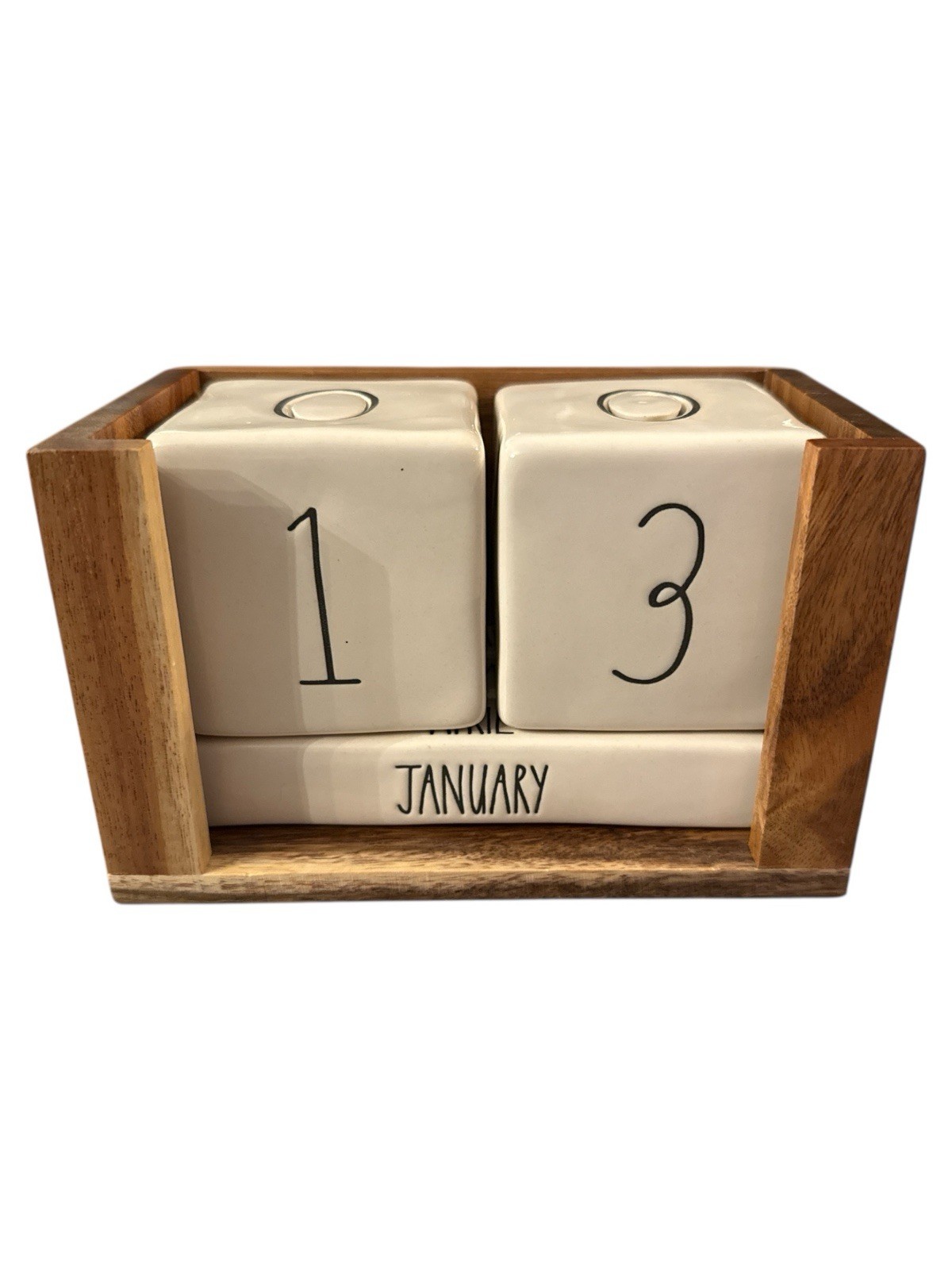 Rae Dunn white ceramic perpetual date blocks Calendar Wooden Base EUC
