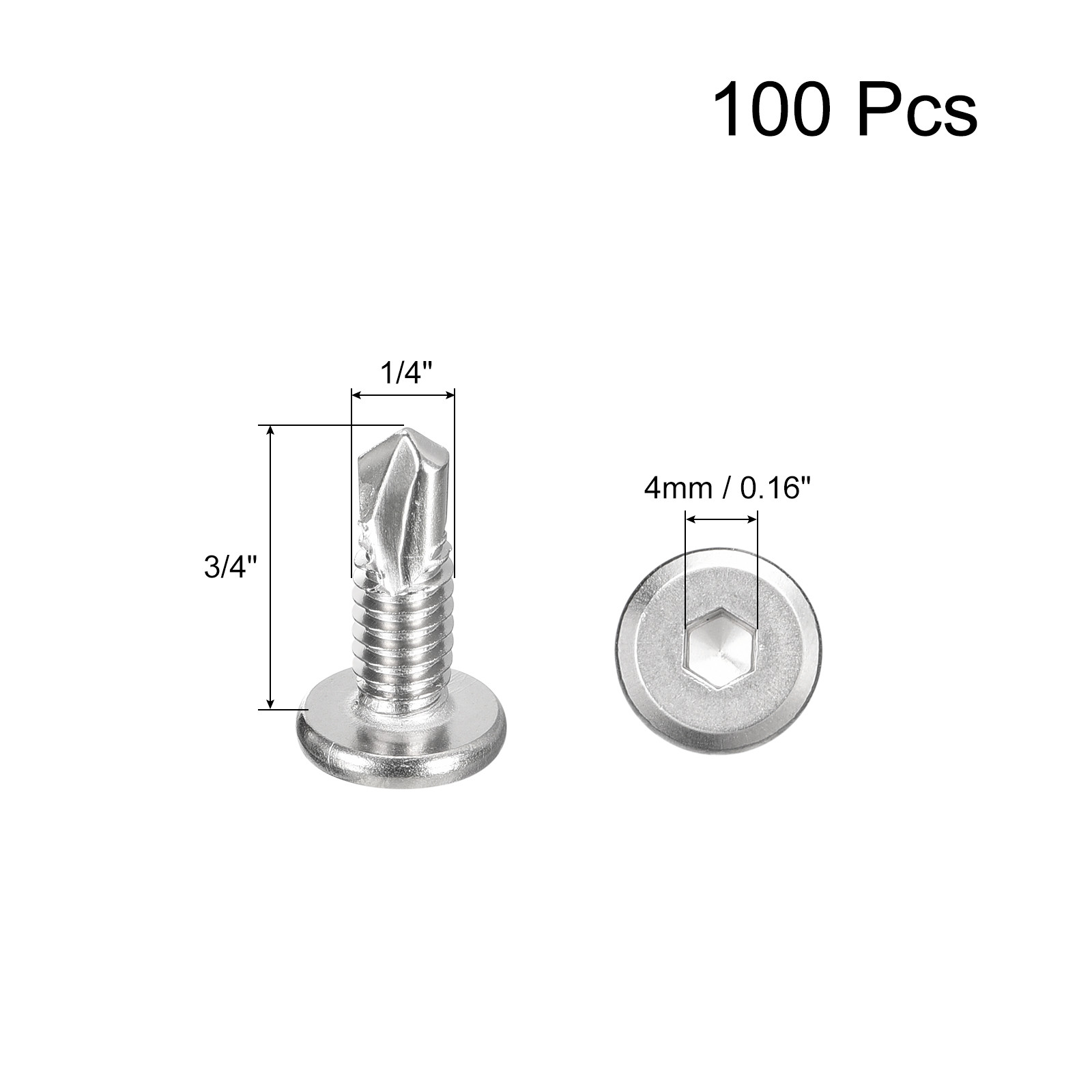 100pcs Hex Socket Self Tapping Screws 1/4 x 3/4″ 410 Stainless Steel Silver