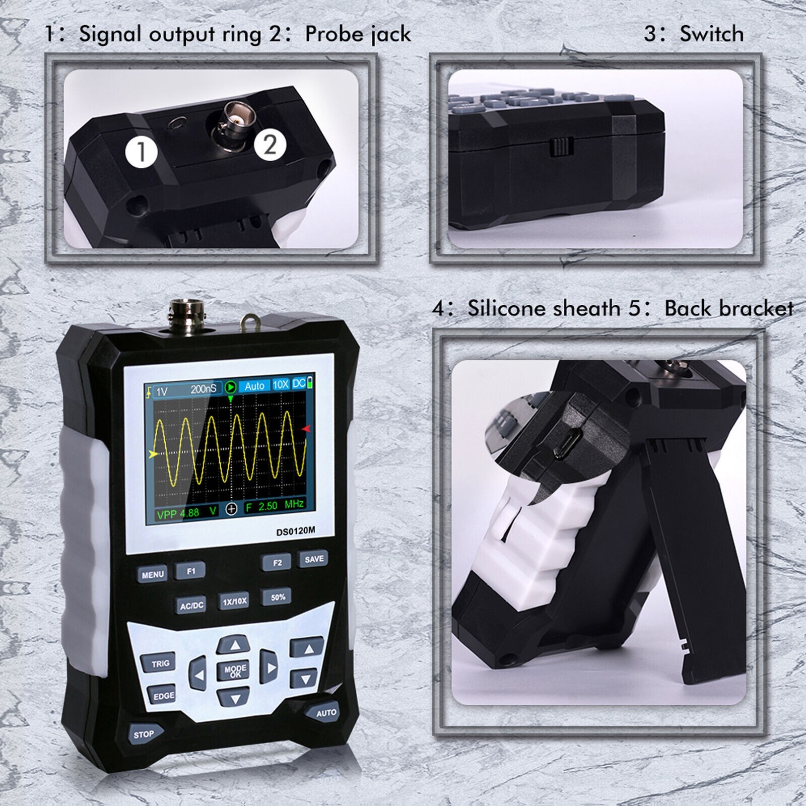 Handheld LCD Digital Oscilloscope 120MHz Bandwidth 500MSa/s Sampling Rate E6C1