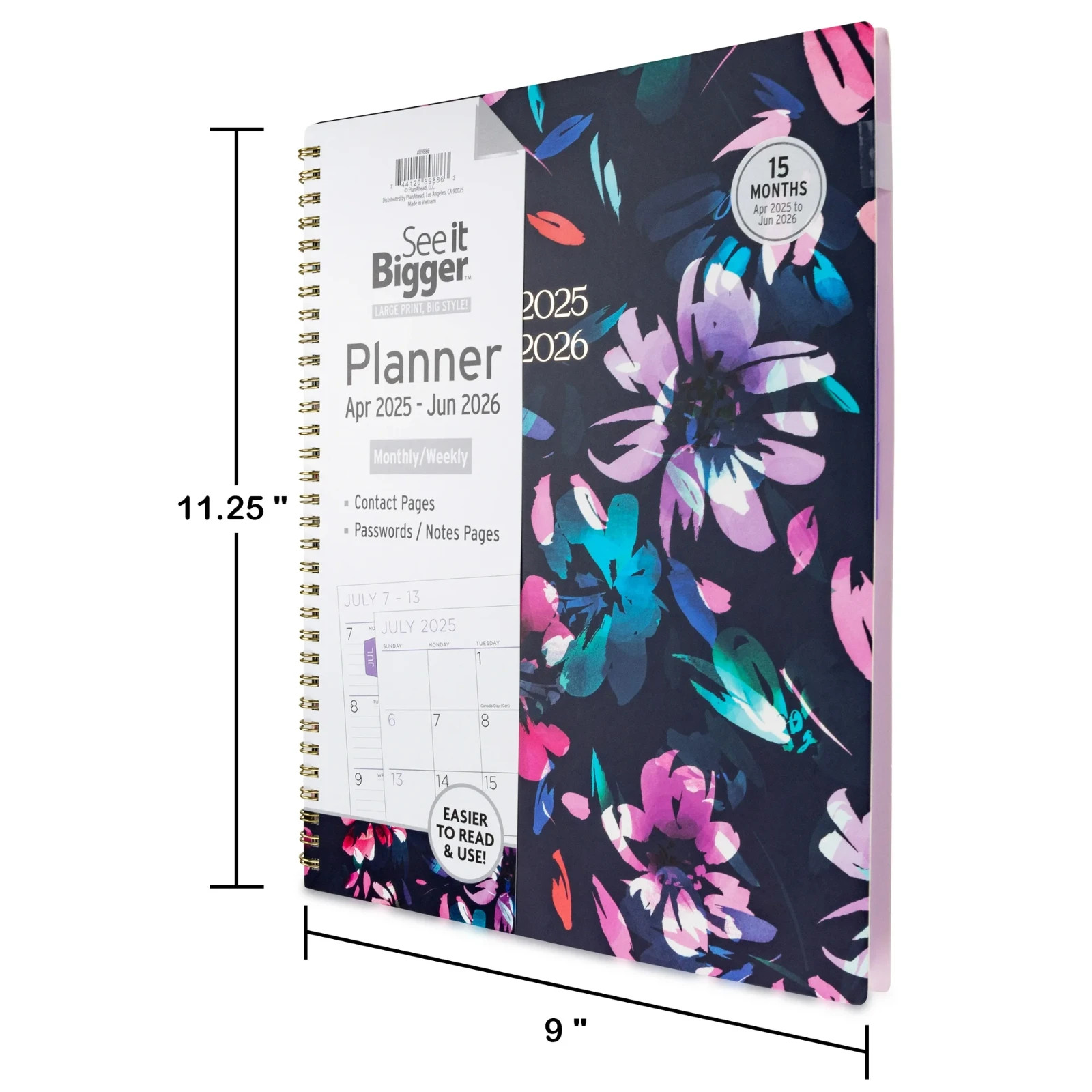 See it Bigger Monthly Weekly Planner Large (9.25″ x 11″) Blue Floral, 15 month