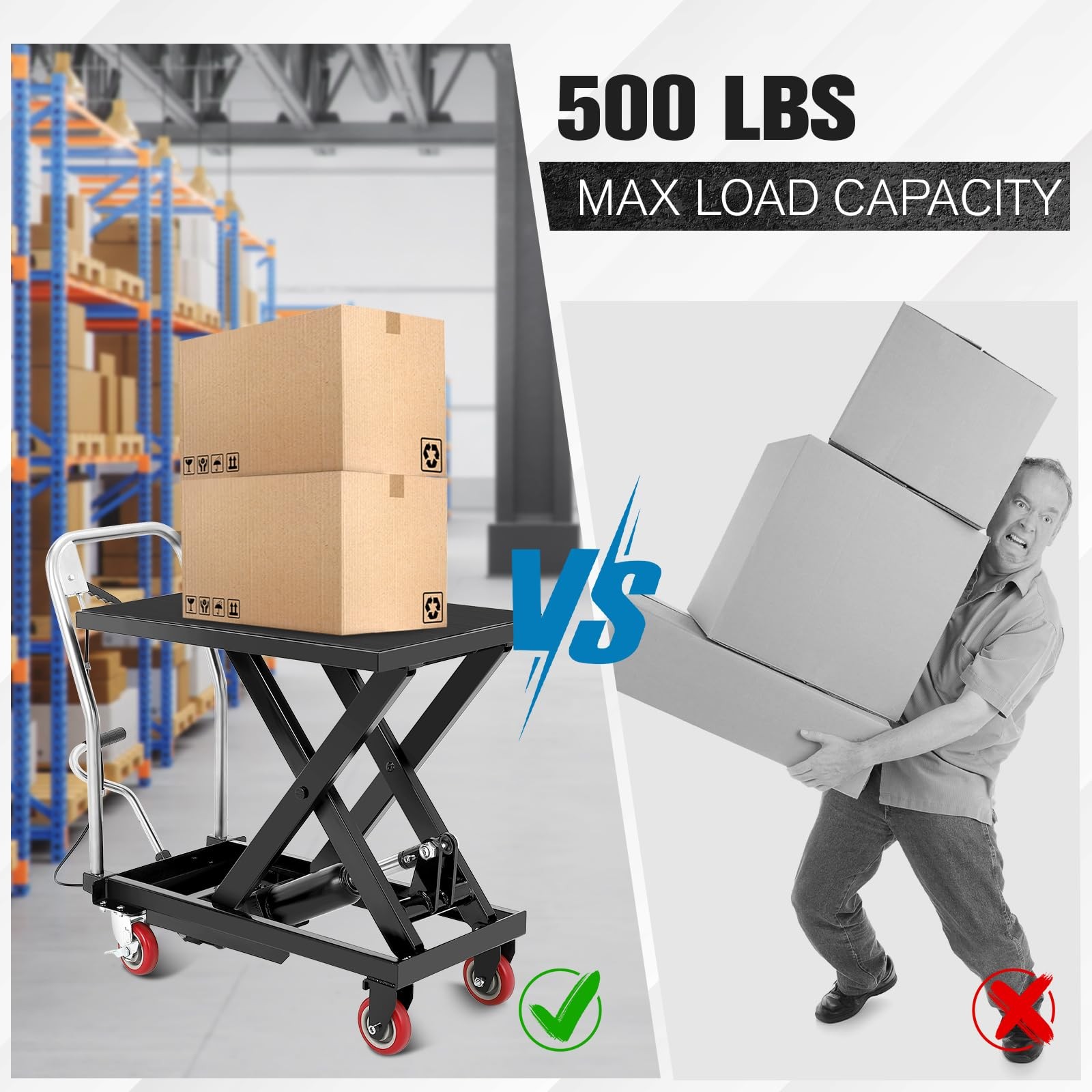 Manual Scissor Lift Foldable Hydraulic Lift Table Cart 500LBS 28.5in Non-Slip