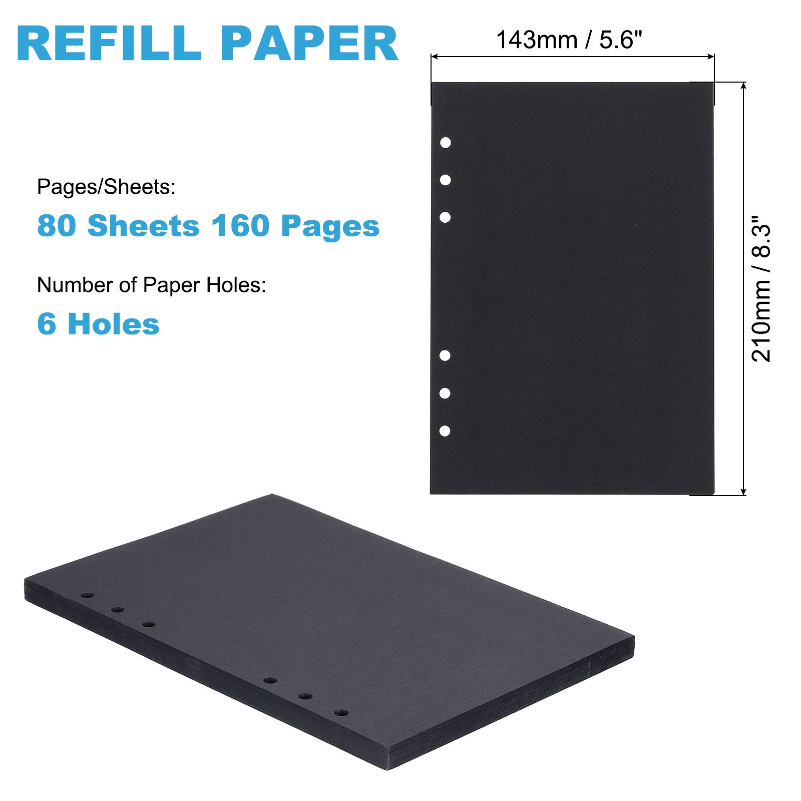 A5 Refill Paper, Unlined Blank Kraft Paper 6 Ring, 80 Sheets/160 Pages