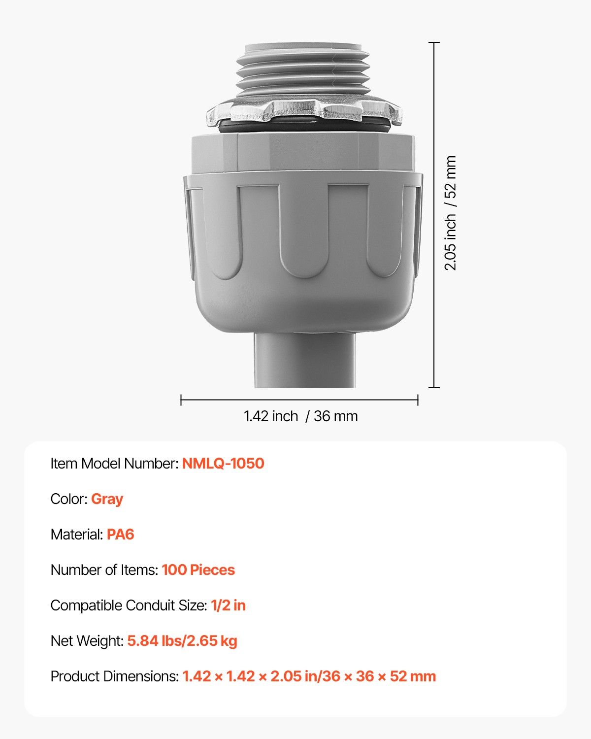 VEVOR 1/2 in 100 pcs Liquid Tight Connector Non-Metallic Conduit Fitting