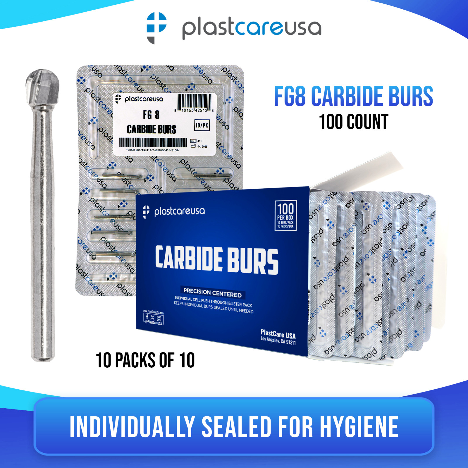 100 FG 8 Round Carbide Dental Burs High Speed Handpiece Friction Grip Drill Bits