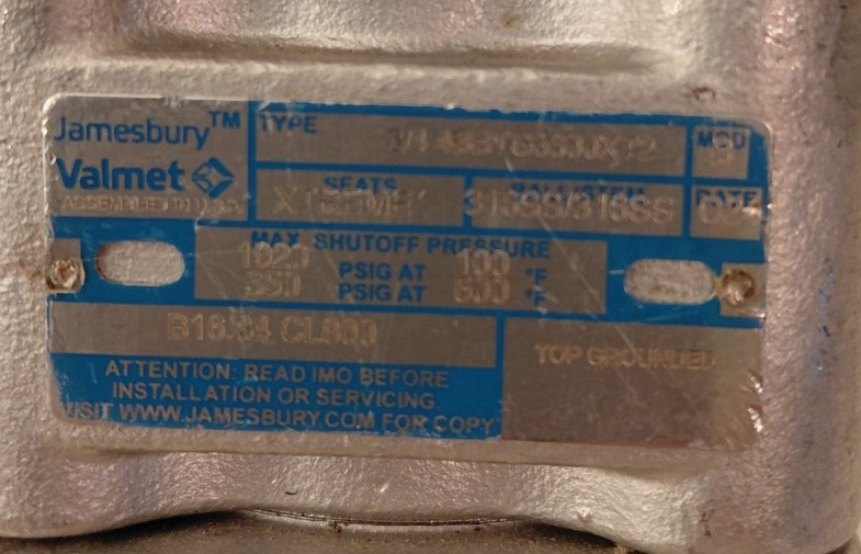 Jamesbury 4BBTG3600XT2 3/4 Inch Ball Valve CF8M, CL800, 7019L Top Grounded