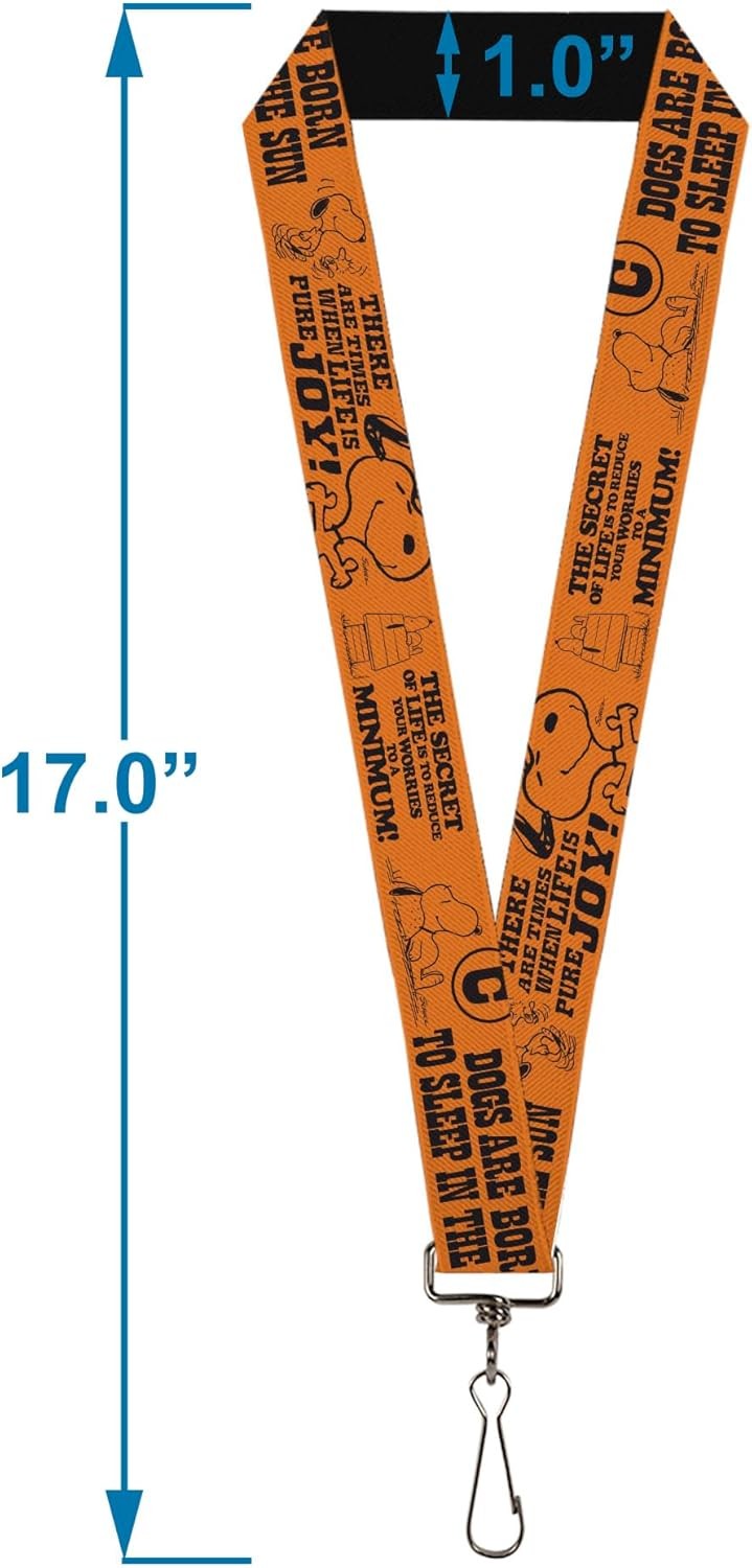 Peanuts Lanyard, Snoopy Poses and Quotes Collage Orange Black, Elastic