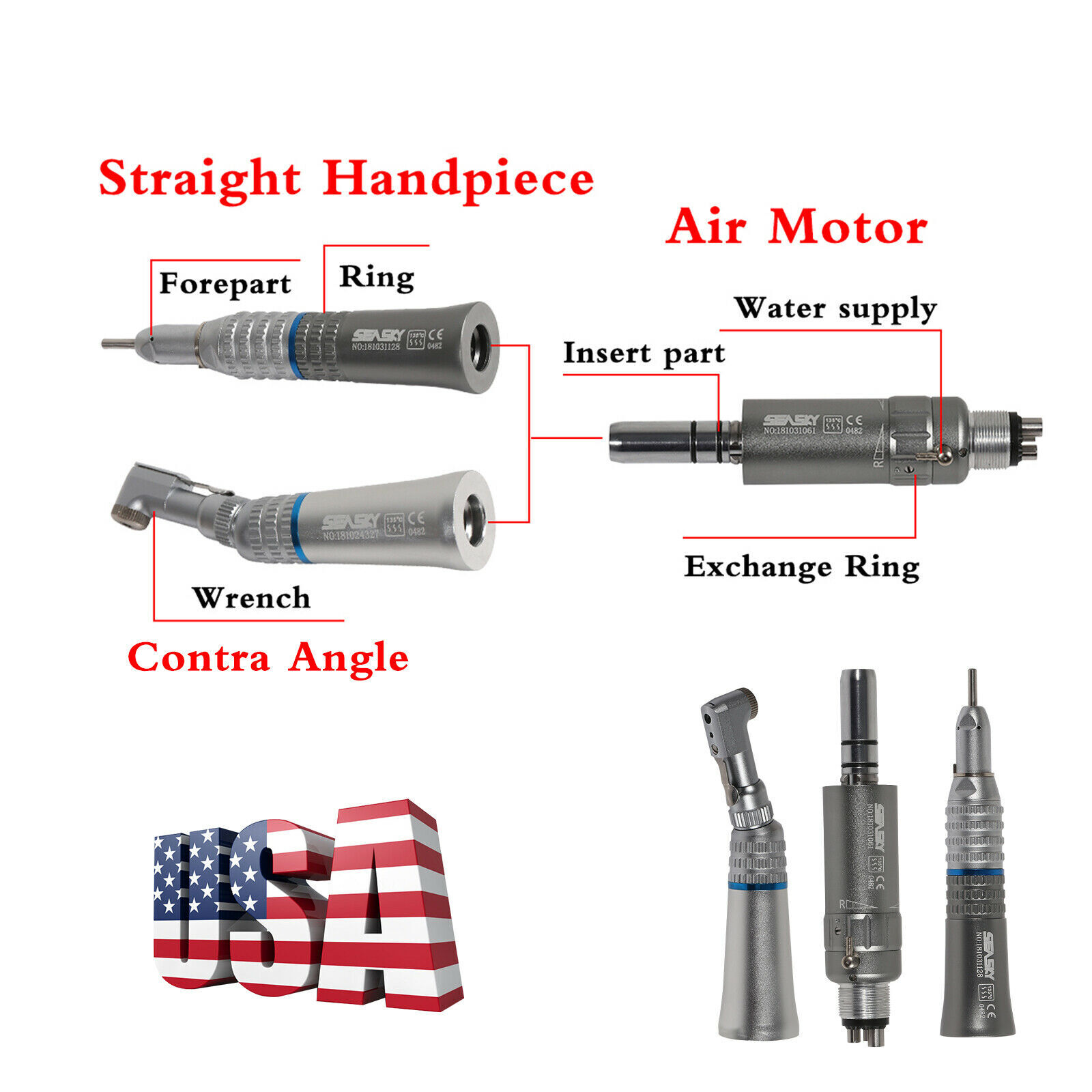 NSK Style Dental Latch/Push Slow Speed Handpiece Contra Angle Air Motor 2/4Holes