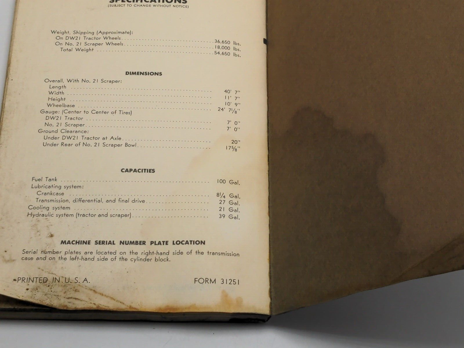 CAT Caterpillar DW21 TRACTOR Parts Catalog Book Manual S/N: 8W1061 – 8W1720