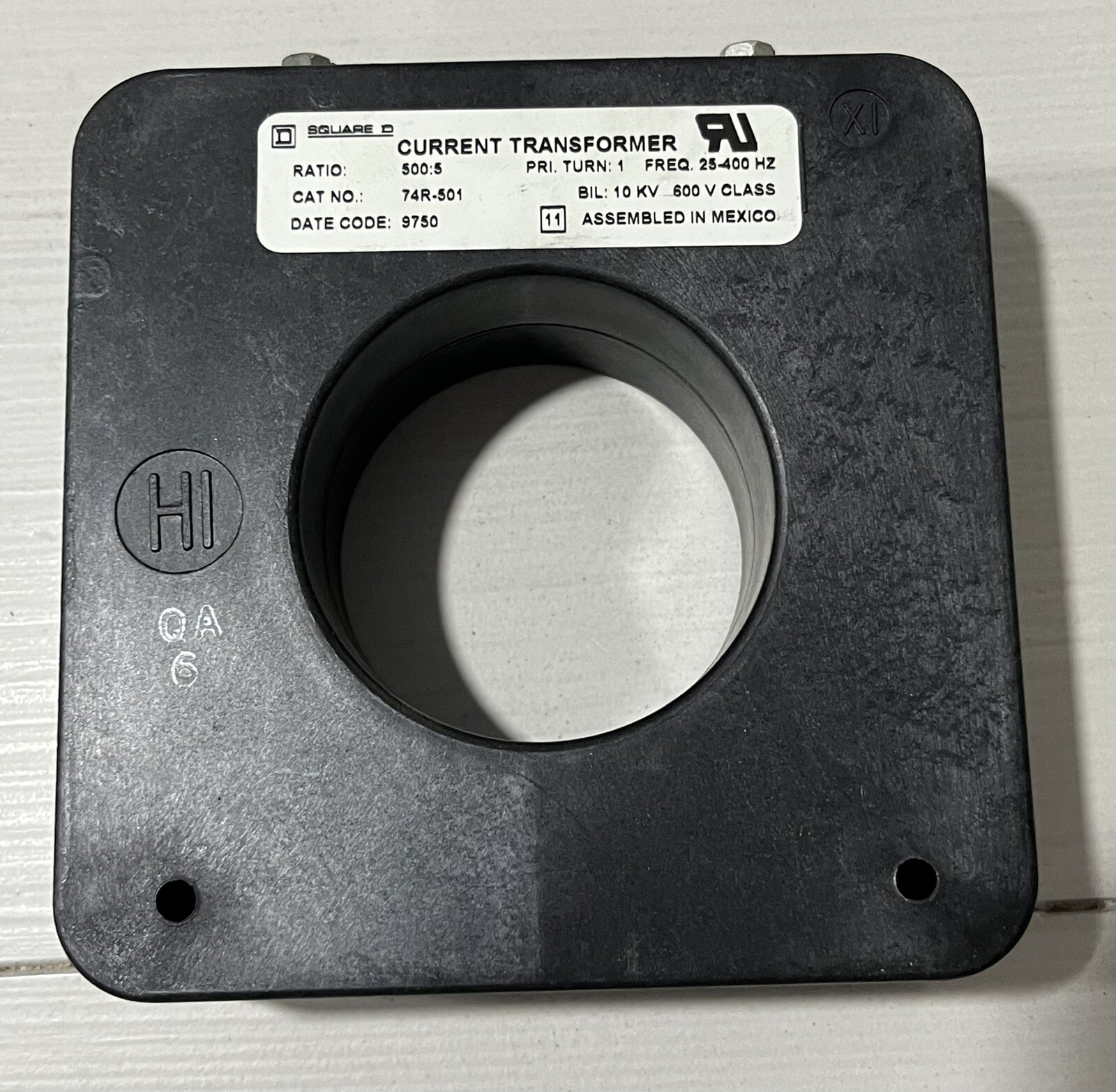 SQUARE D 74R-501 CURRENT TRANSFORMER 500:5 RATIO 600V