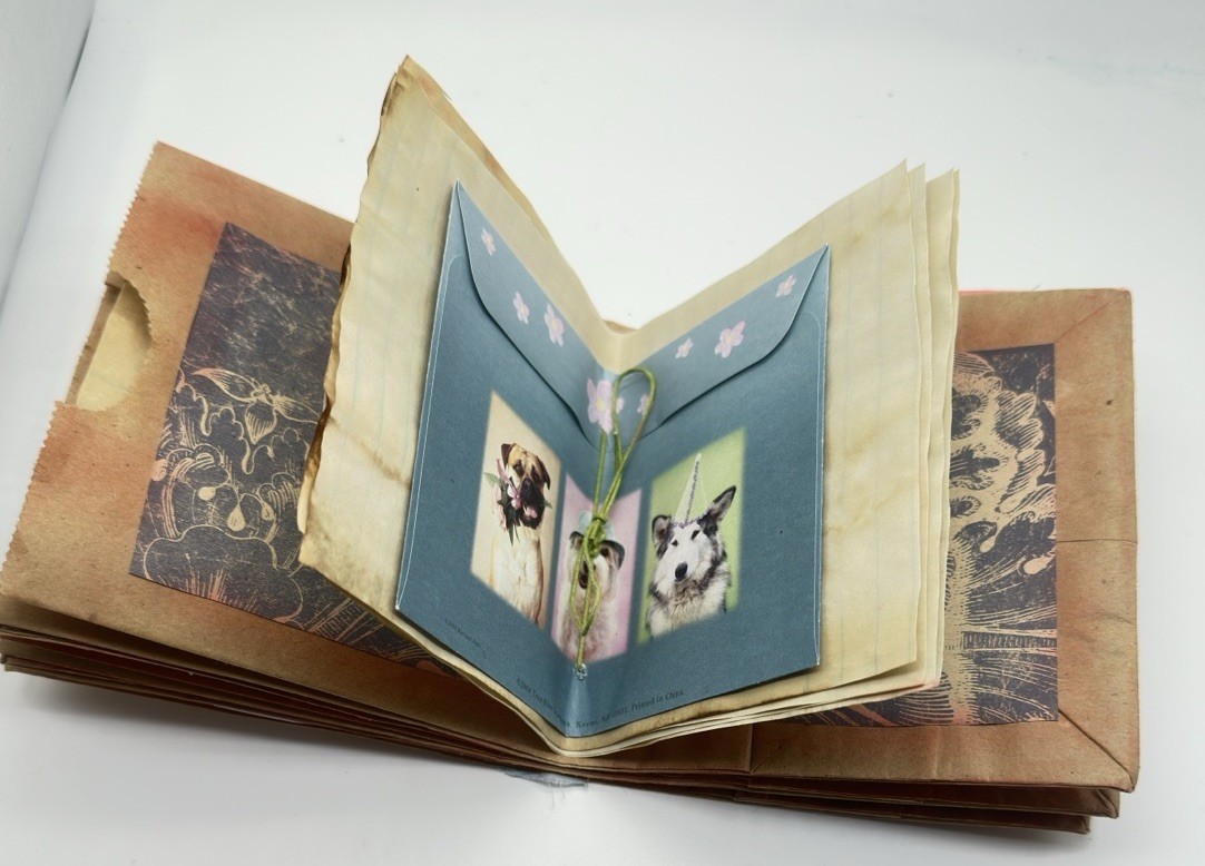 Hand Made Junk Journal Doggy And Yellow Flower. Medium Is Brown Paper Bags