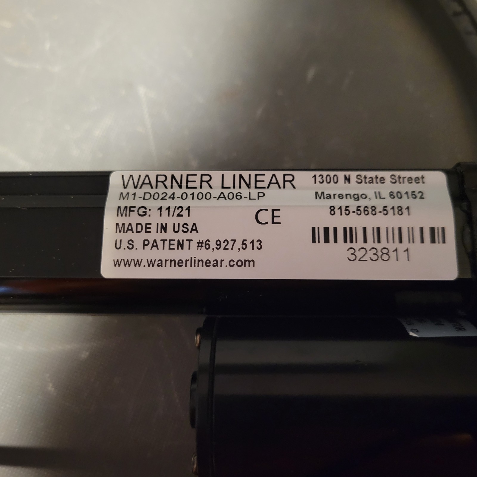 Warner Linear Actuator, 2.3A, 24VDC, 100LBS, 6″, M1-D024-0100-A06-LP