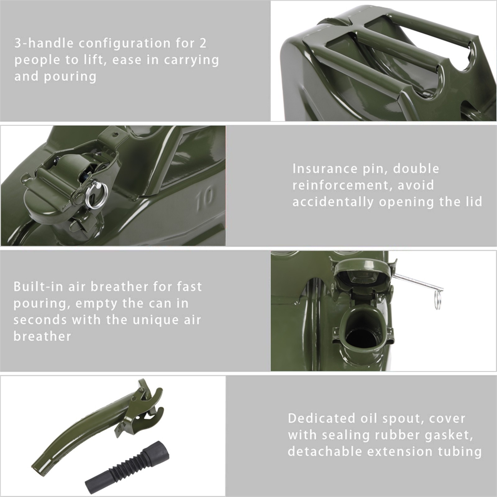 10L Gas Metal Can Gasoline Fuel Container Diesel Tank Green w/ Inverted Oil Pipe