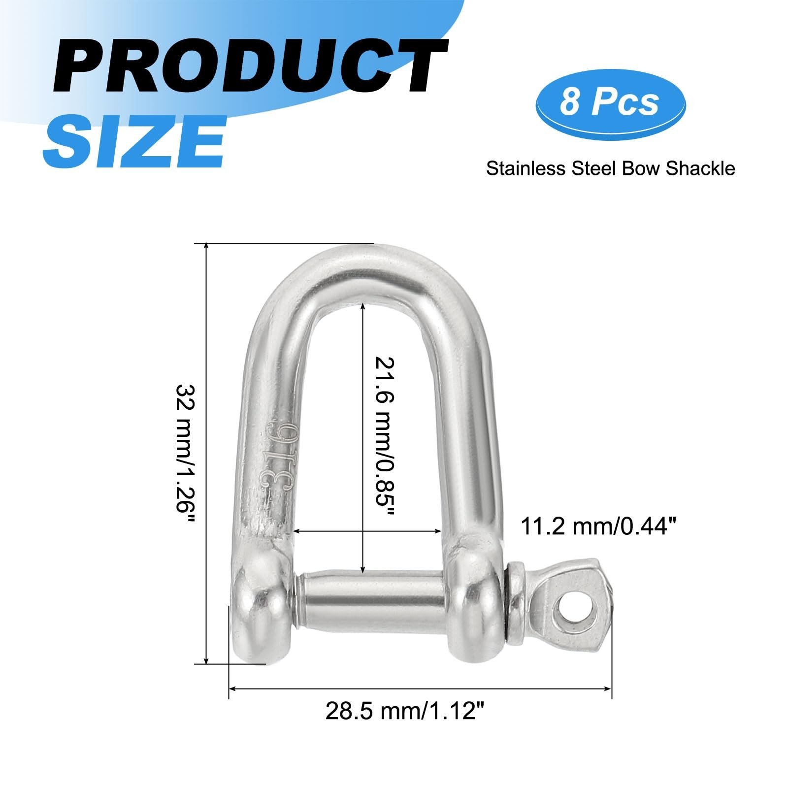 3/16″(4.6mm) 353lb 316 Stainless Steel D Shackle, 8Pcs Heavy Duty Screw Pin S…