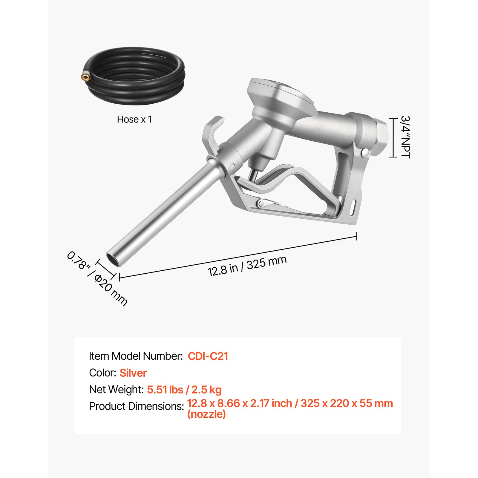 Uimoso 3/4 in NPT Automatic Fuel Nozzle with 0.78 in Spout and 10 ft Hose
