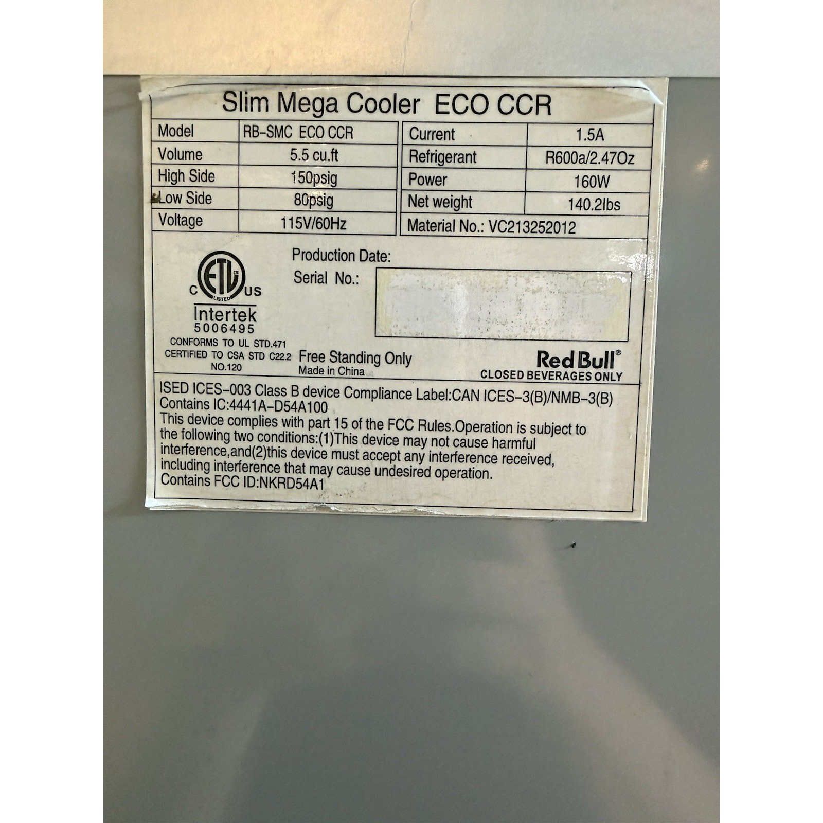 Red Bull Slim Mega Refrigerator Cooler Eco 5.5 cu.ft 115V Bar Office Garage