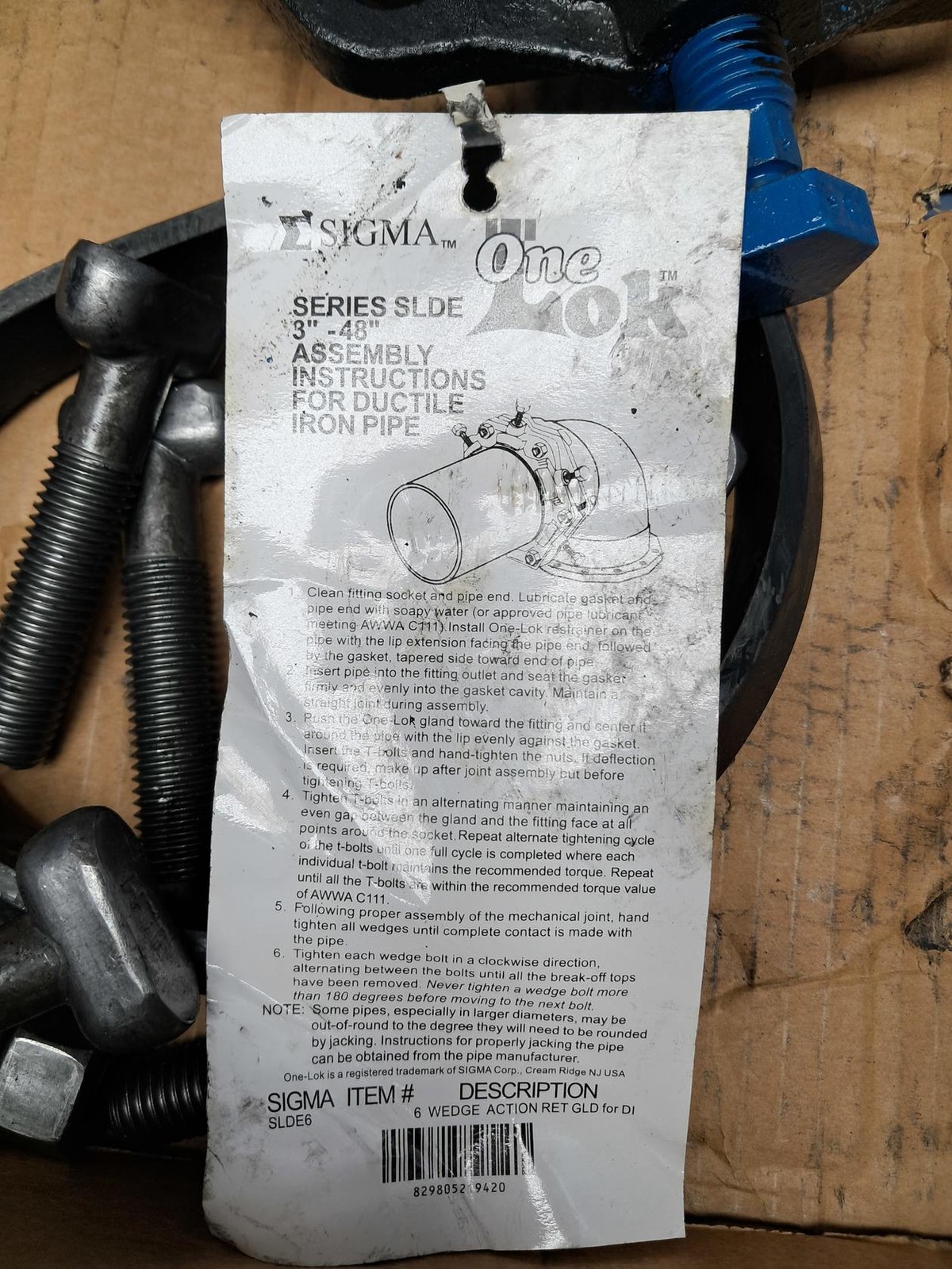 Sigma 6” DI Wedge Action Retainer Gland W/ 6” MJ Gasket & Bolts