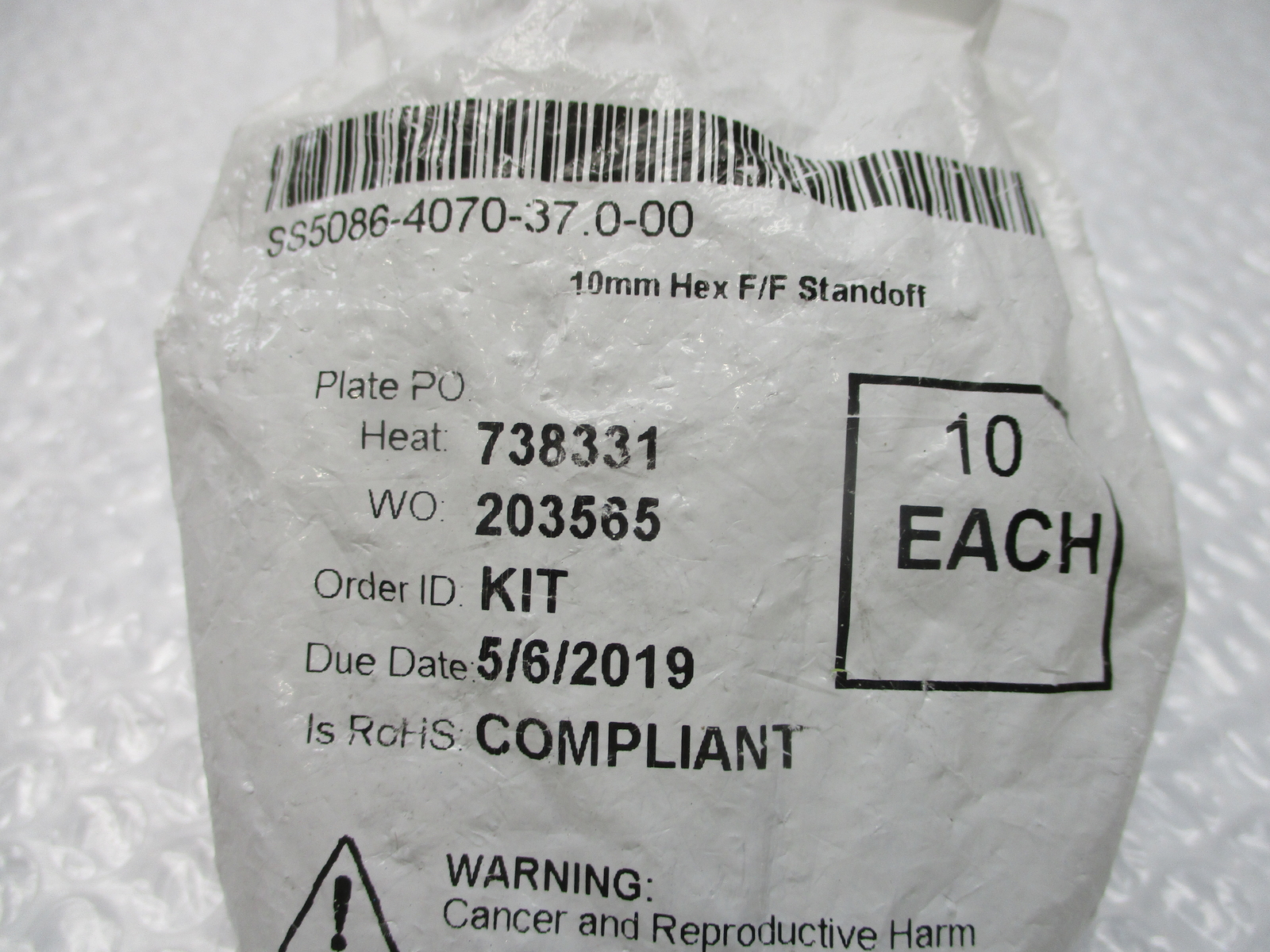 LYN-TRON INC SS5086-4070-37.0-00 F/F STANDOFF PKG OF 10 NSMP