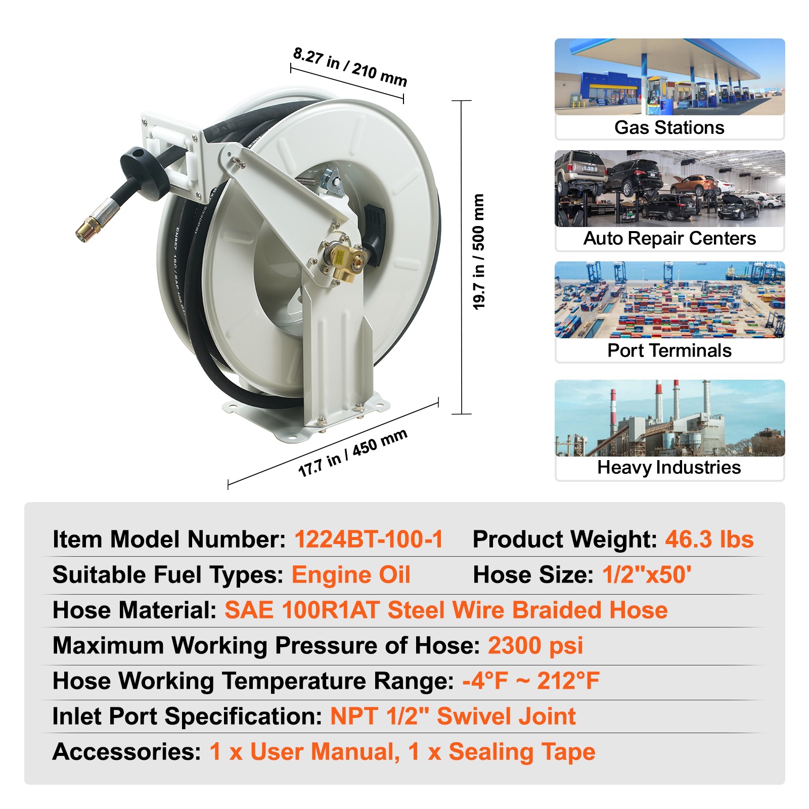 VEVOR Fuel Hose Reel Retractable Machine Oil Hose Reel 1/2″ x 50′ Auto Rewind