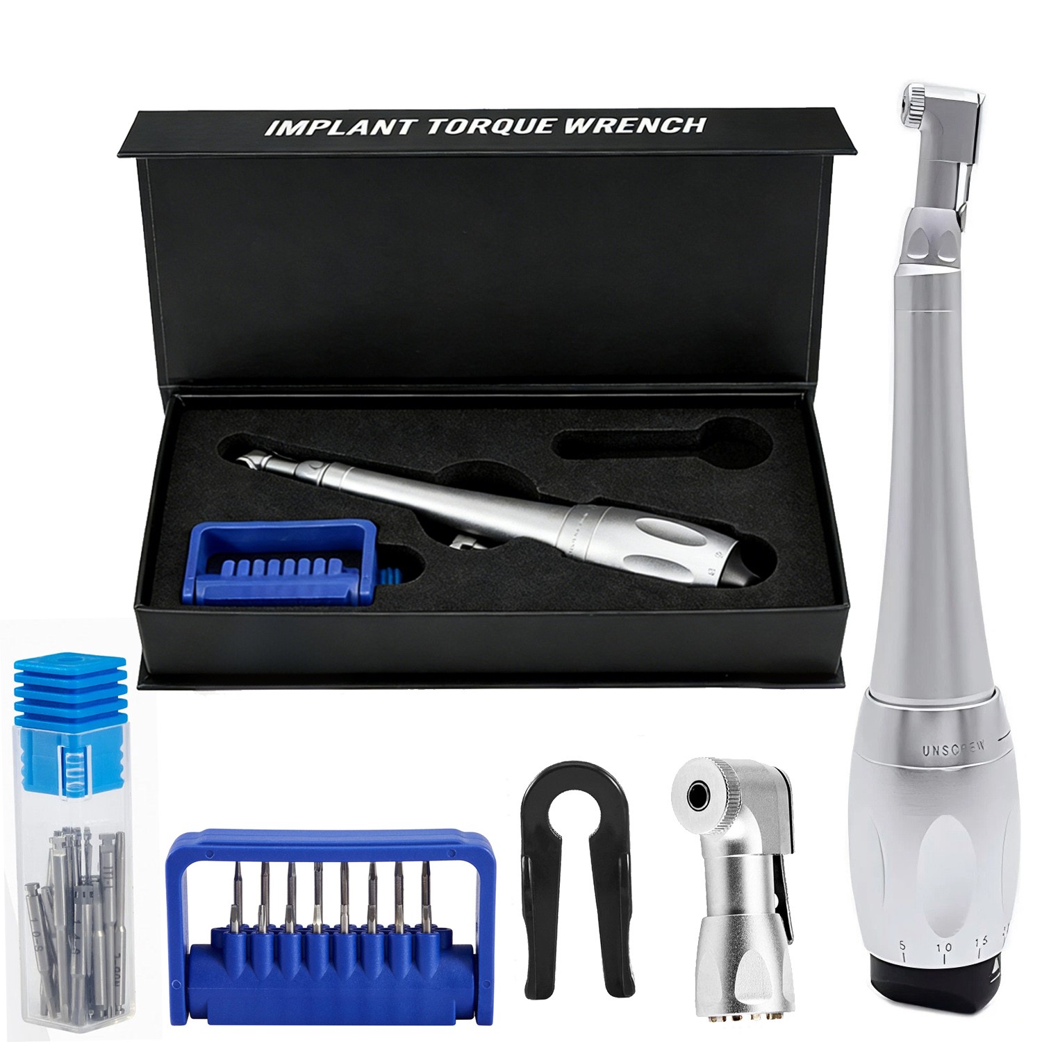 Universal Dental Implant Kit Torque Wrench Contra Angle & 16pcs Drivers Sliver