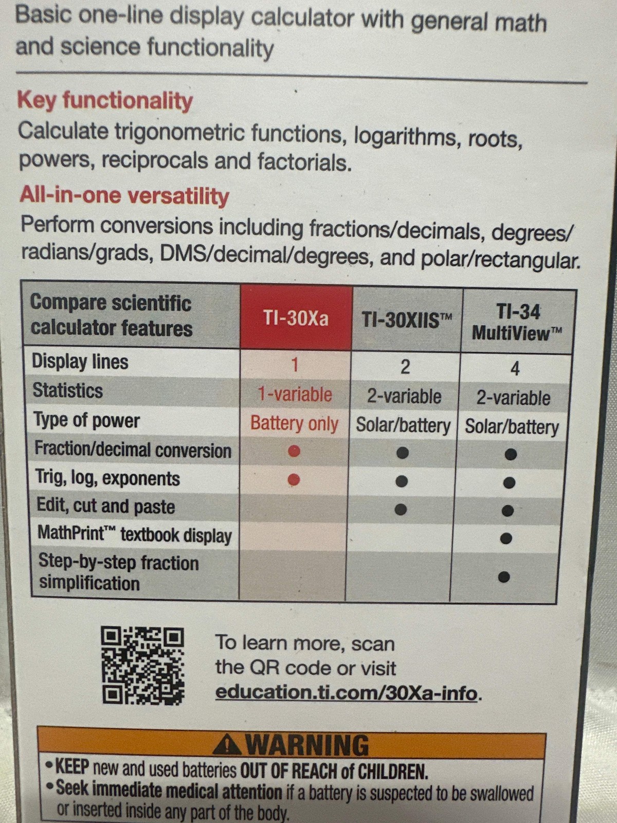 Texas Instruments TI-30Xa Scientific Calculator SAT ACT Approved