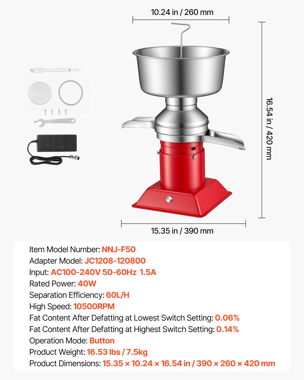 VEVOR Milk Cream Centrifugal Separator Electric Cream Separator 60L/H Output