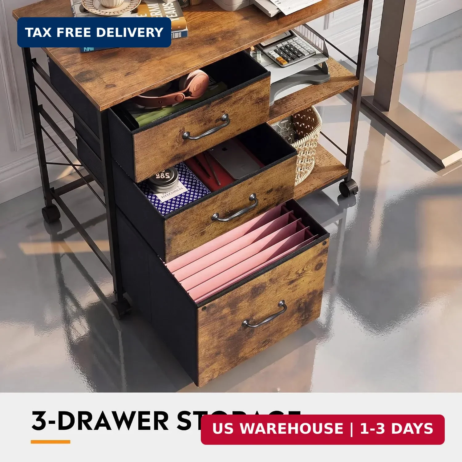3 Drawer Mobile File Cabinet with Open Storage Shelf | Rolling Printer Stand, Fa