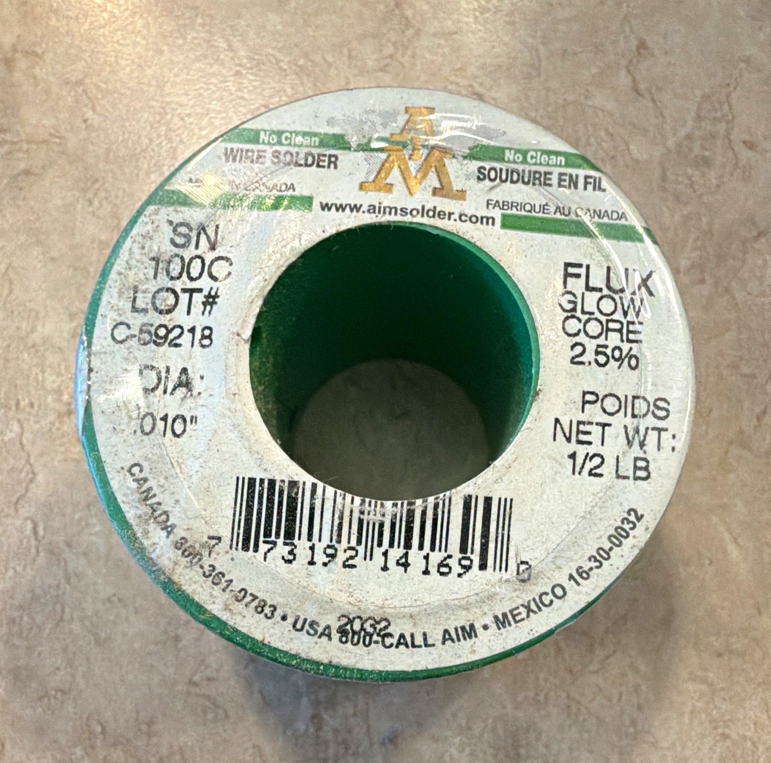 AIM SN100C No Clean Flux Core Solder Wire 0.010 in 1/2 lb Spool