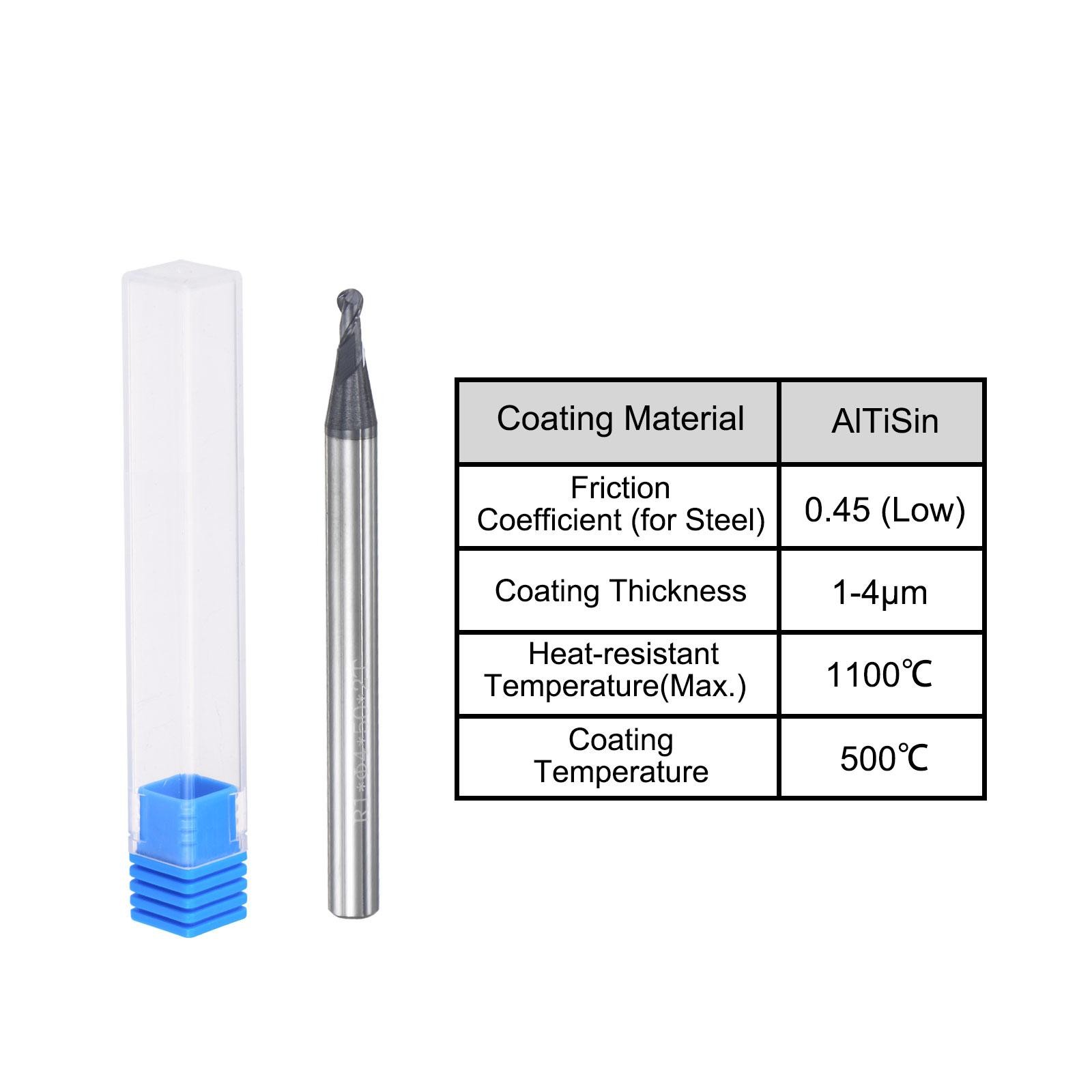 1mm Radius 50mm Long HRC45 Carbide AlTiSin Coated 2 Flute Ball Nose End Mill