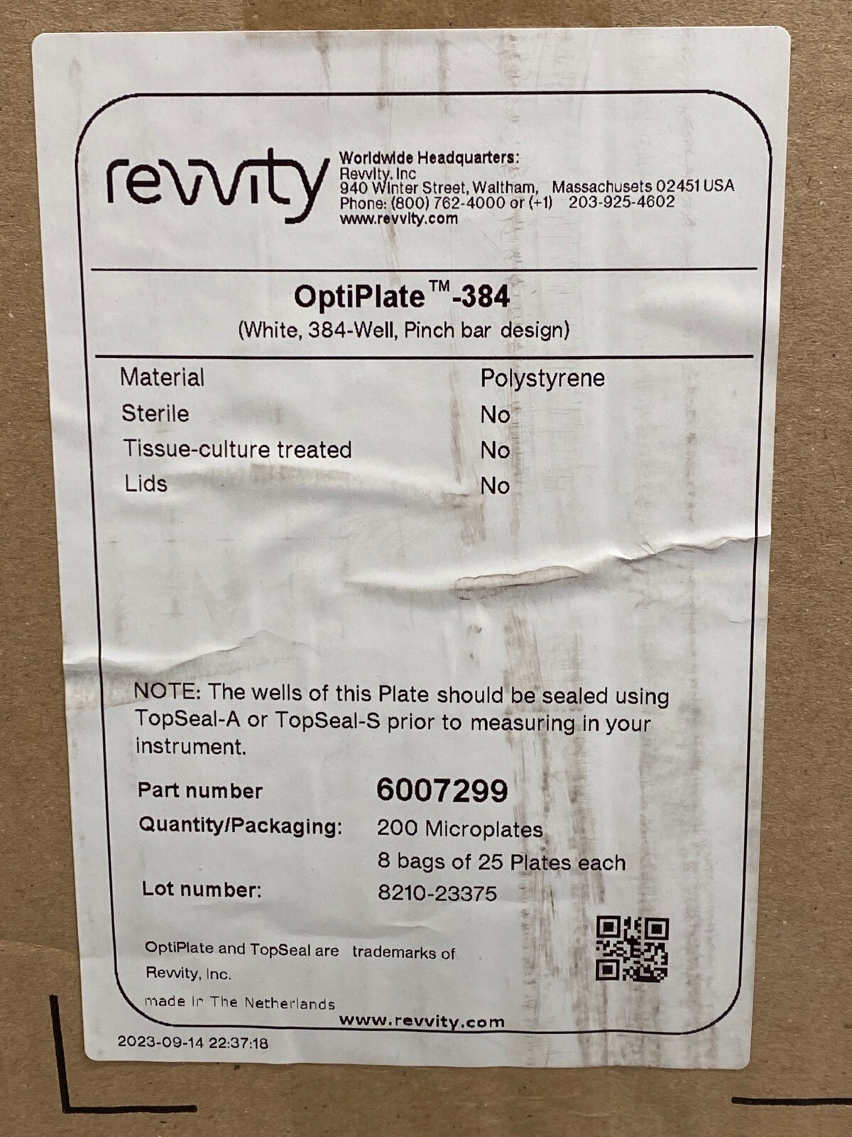 (200/Cs) REVVITY 384-Well OptiPlate Microplates Pinch Bar Design White 6007299