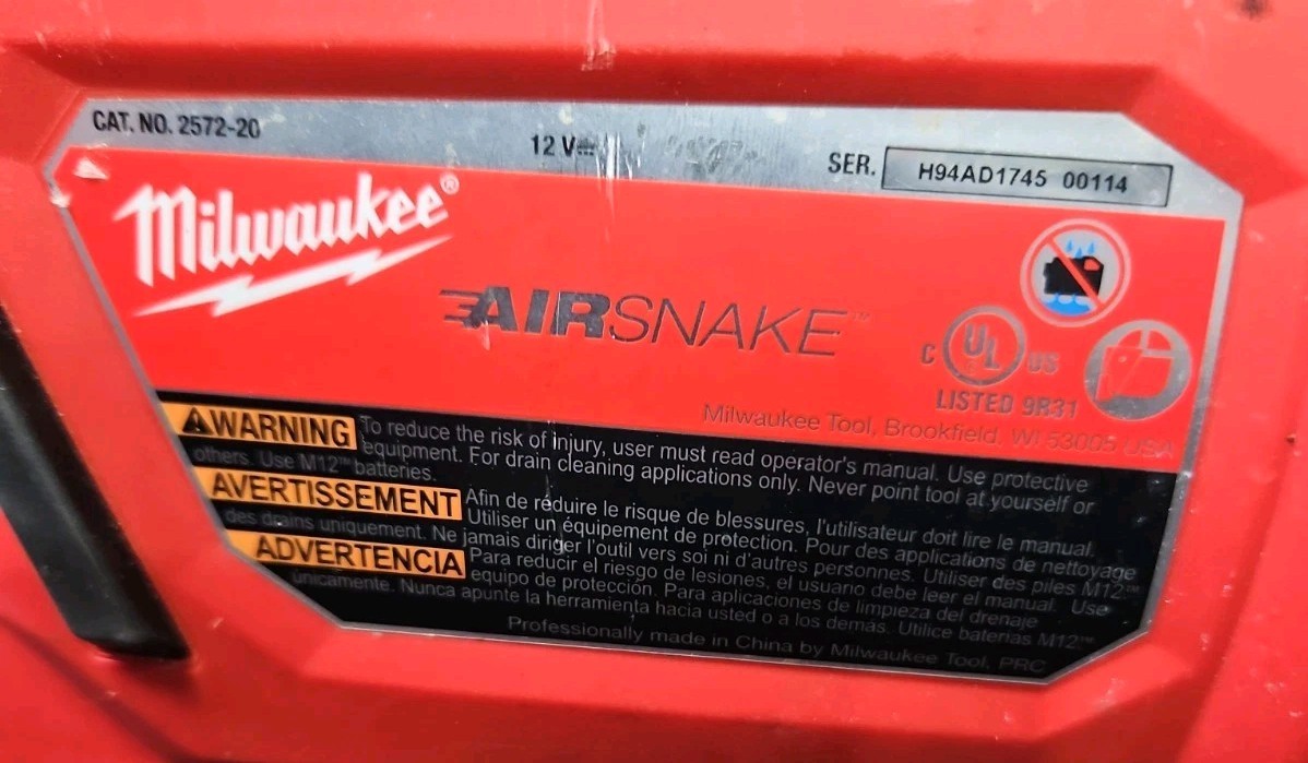 Milwaukee Tools 2572A-21 Air Snake M12 Drain Cleaning Air Gun Kit – READ