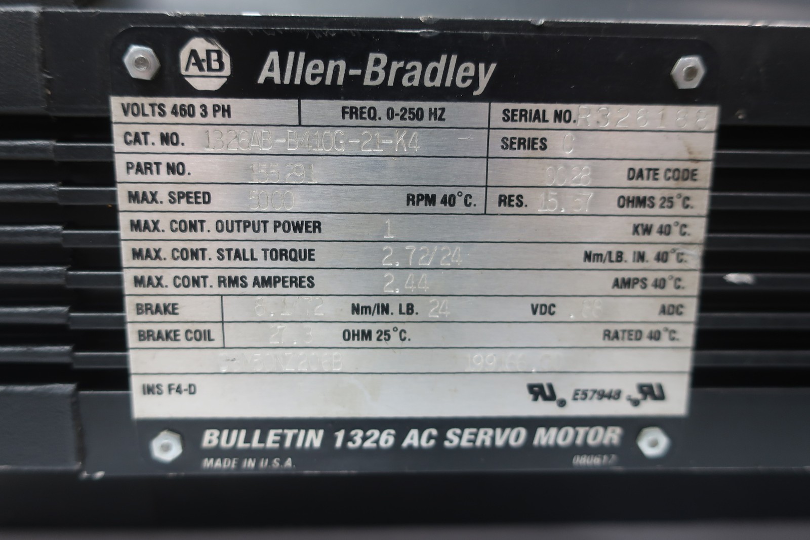 Allen Bradley 1326AB-B410G-21-K4 Servo Motor 1kw 5000rpm 2.72nm 460v-ac 3ph
