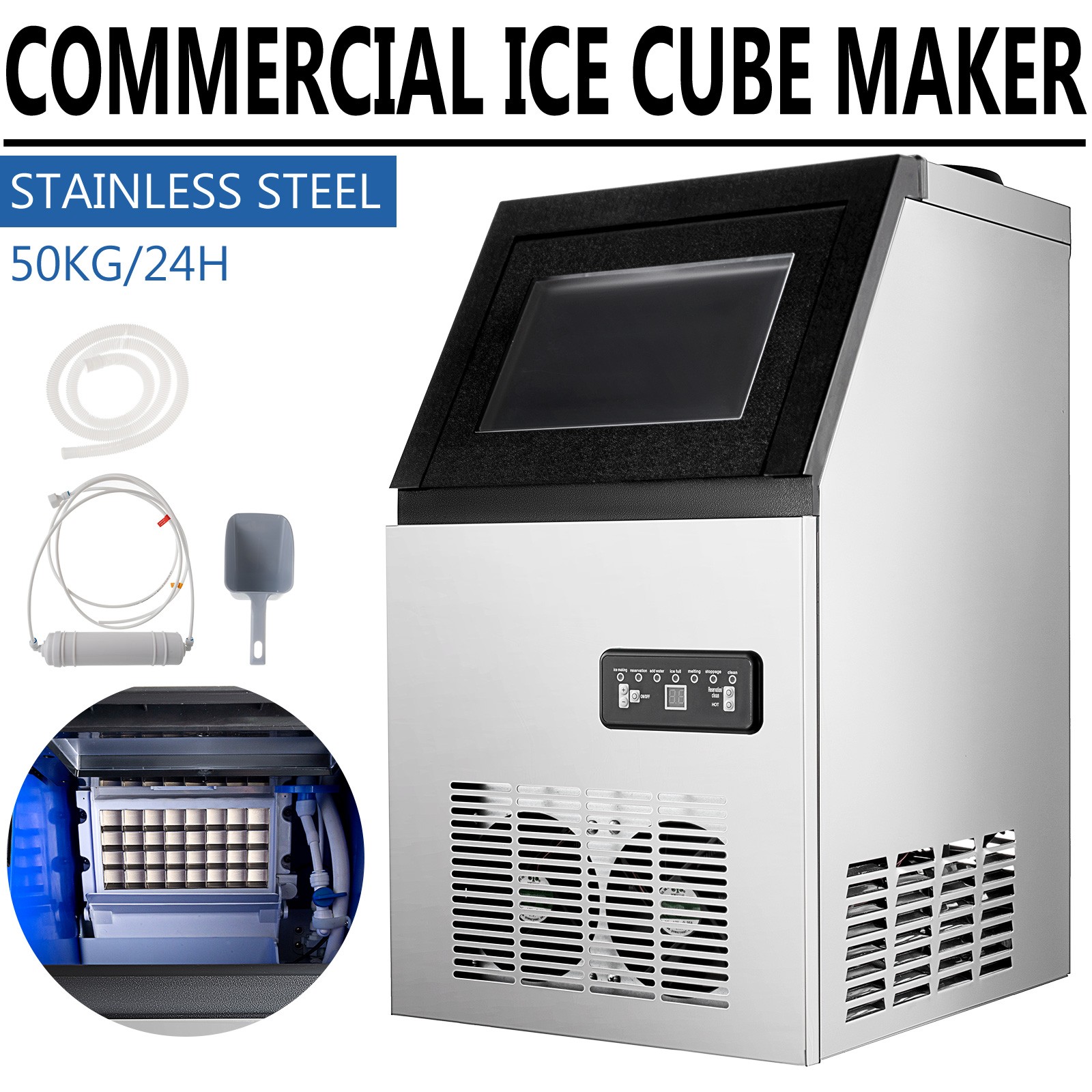 Commercial Ice Maker 50kg/24h Stainless Steel Ice Cube Machine for Bar Restauran